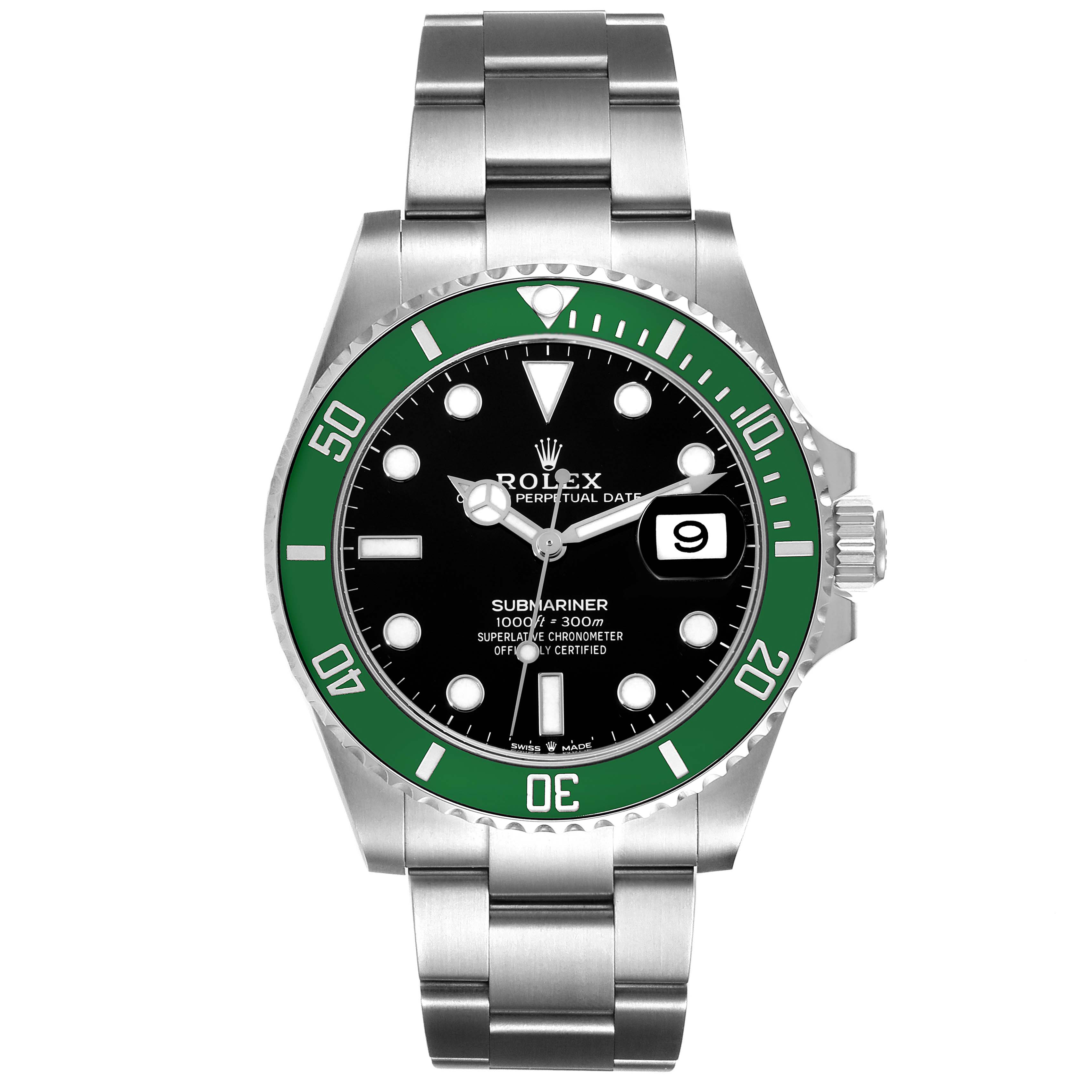 The image shows a front angle of the Rolex Submariner 126610LV Men's Stainless Steel Black Dial 126610LV Men's Stainless Steel Black Dial watch, highlighting its green bezel, black dial, and metal bracelet.