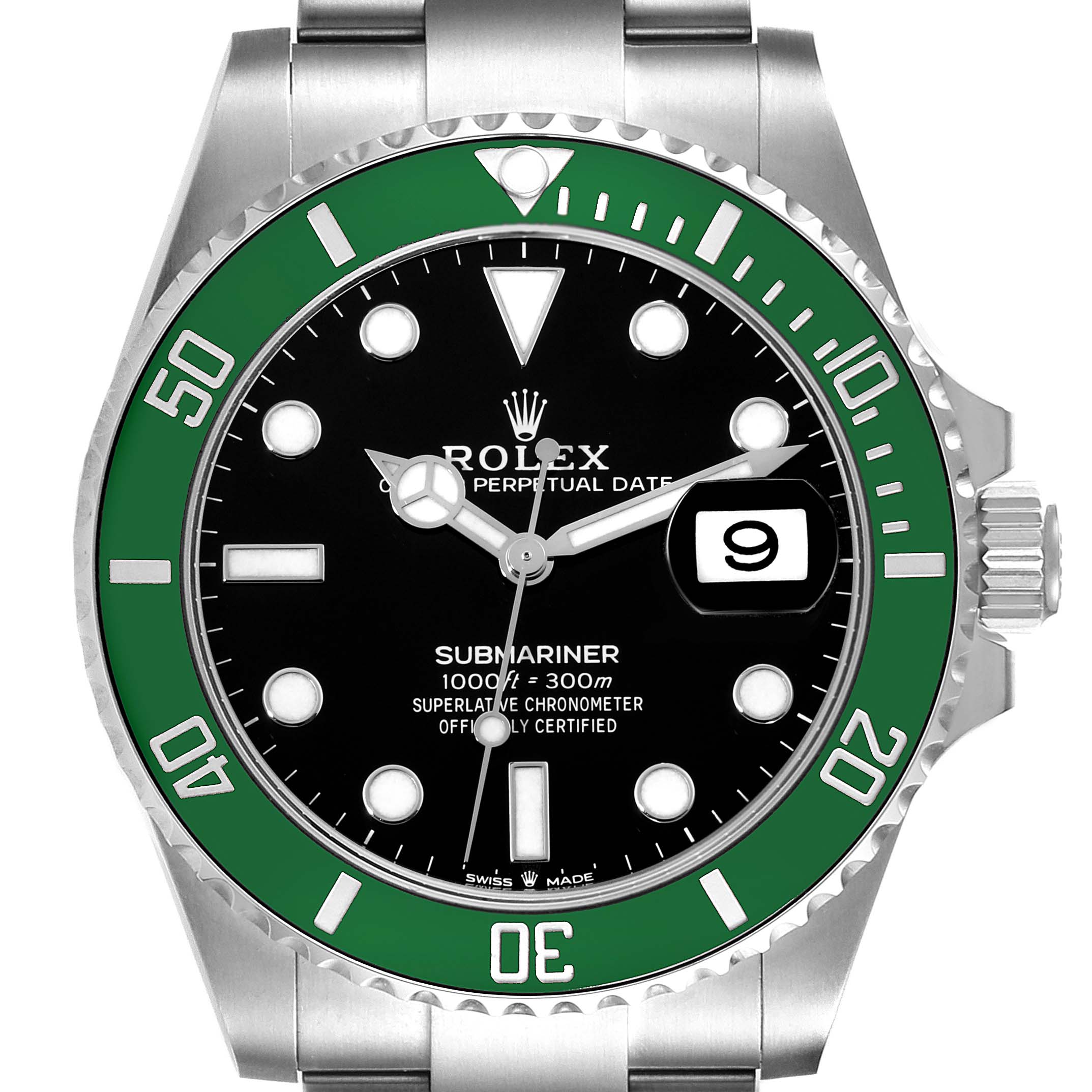 The image displays a frontal view of a Rolex Submariner 126610LV Men's Stainless Steel Black Dial 126610LV Men's Stainless Steel Black Dial watch, showing the face, bezel, and part of the bracelet.