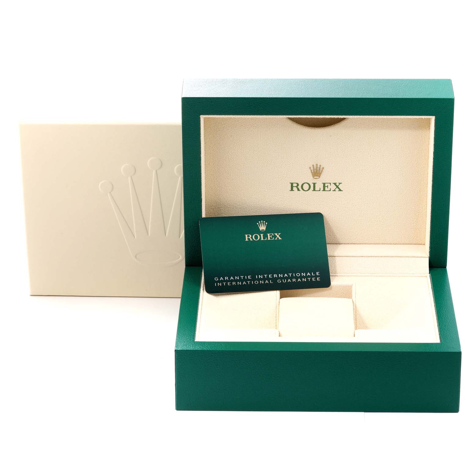 The image shows the open box and guarantee card for a Rolex Submariner 126610LV Men's Stainless Steel Black Dial 126610LV Men's Stainless Steel Black Dial watch.