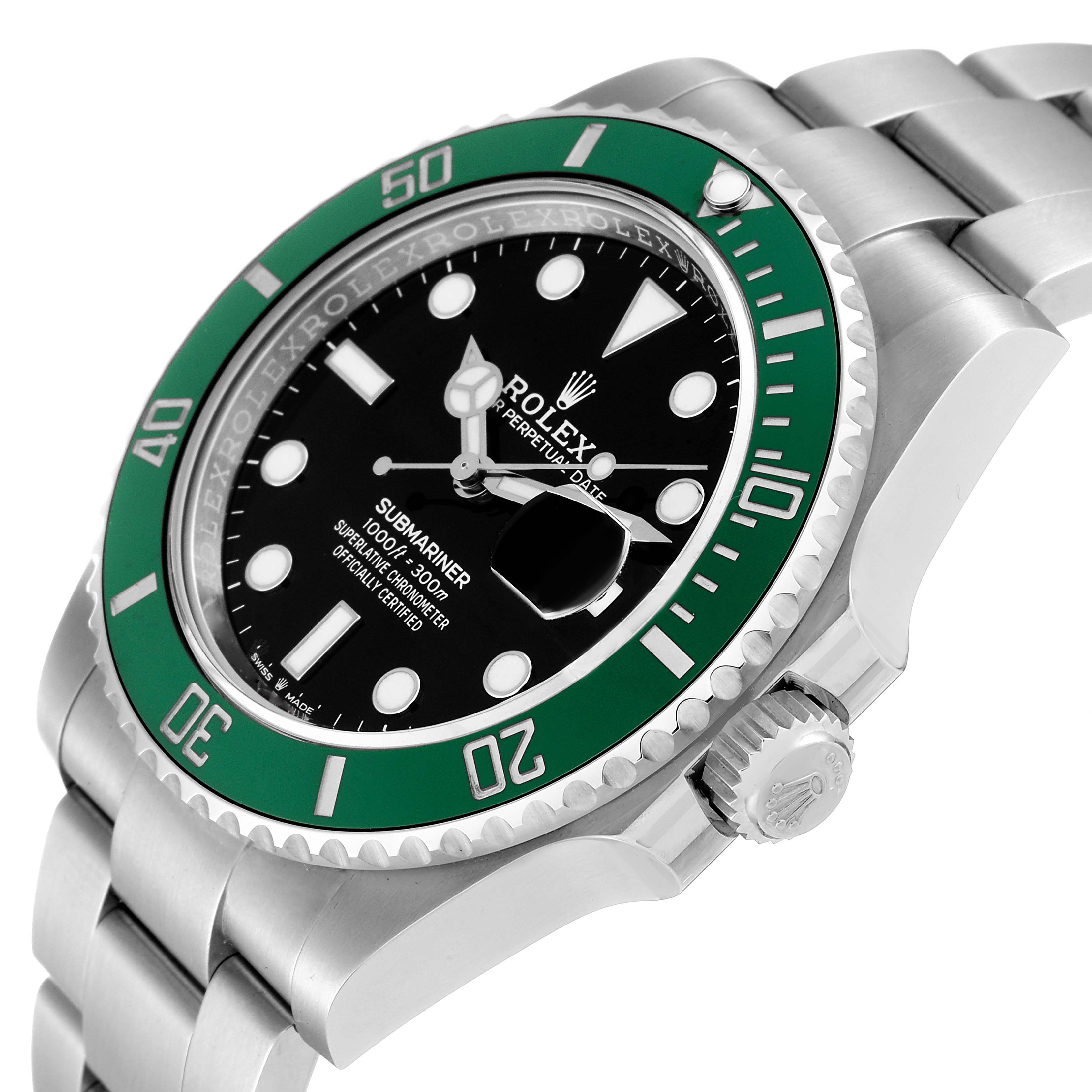 The image shows a Rolex Submariner 126610LV Men's Stainless Steel Black Dial 126610LV Men's Stainless Steel Black Dial watch at an angled view, highlighting the green bezel, black dial, and bracelet.