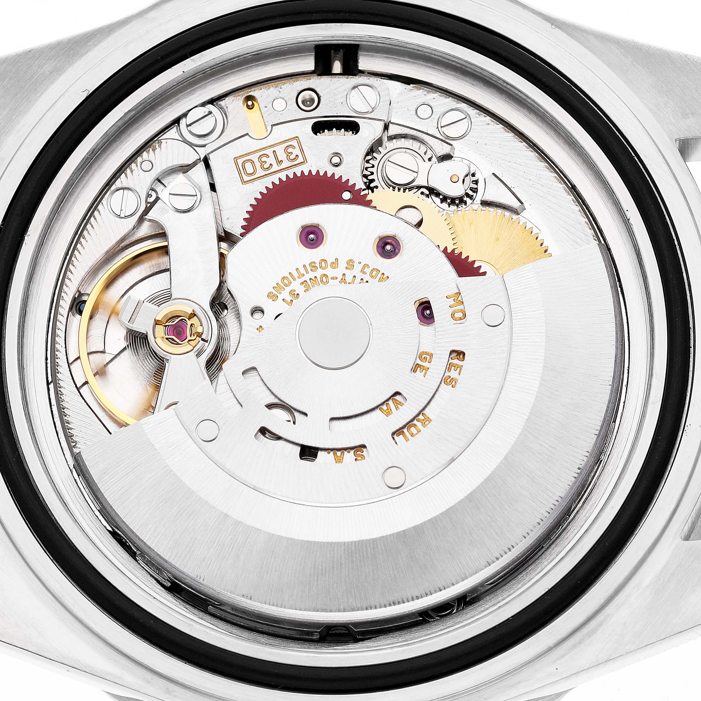 This image shows the movement of a Rolex Submariner 14060 Men's Stainless Steel Black Dial, highlighting gears and mechanisms from a rear view angle.