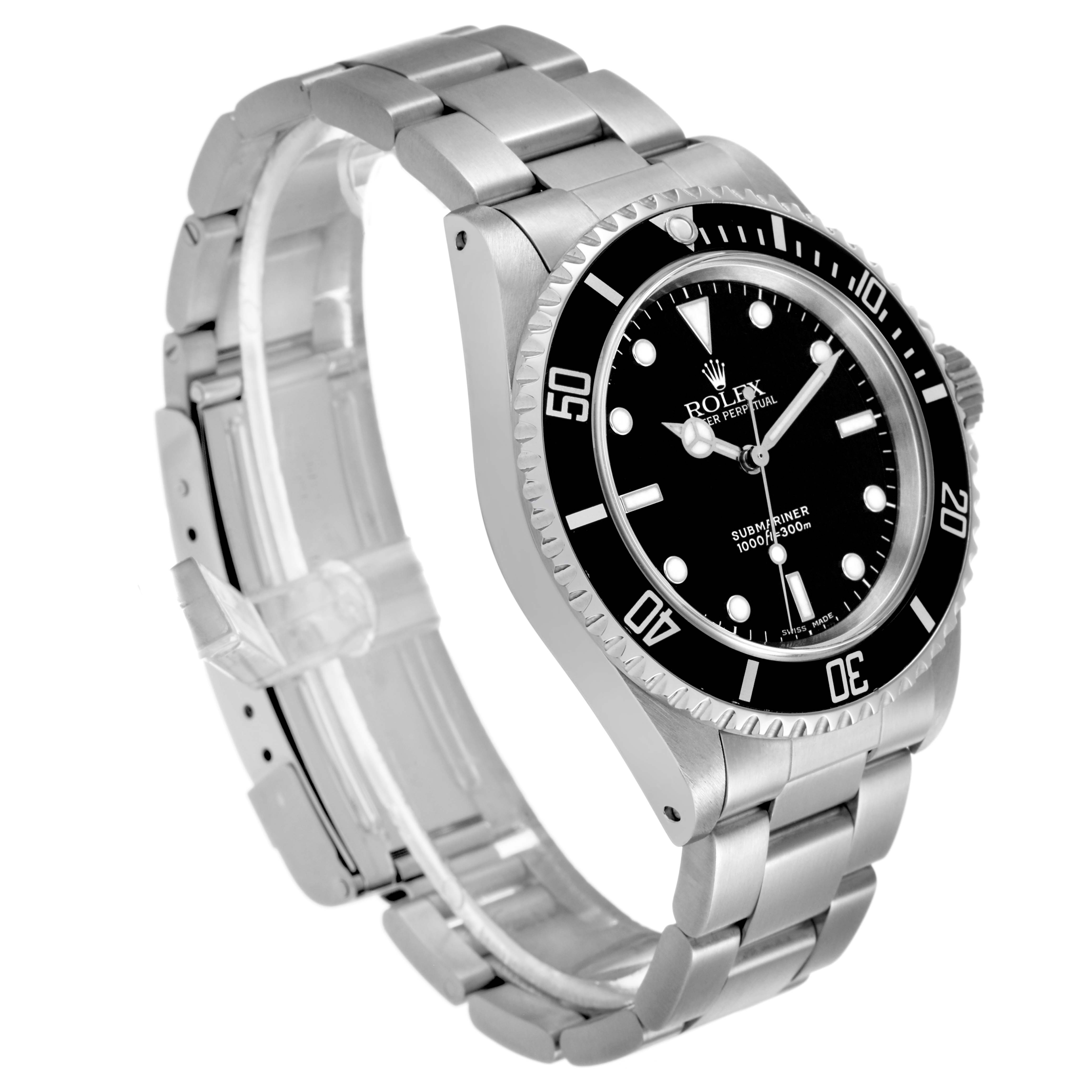 The Rolex Submariner 14060 Men's Stainless Steel Black Dial is shown at a three-quarter angle, highlighting the bezel, dial, and bracelet.