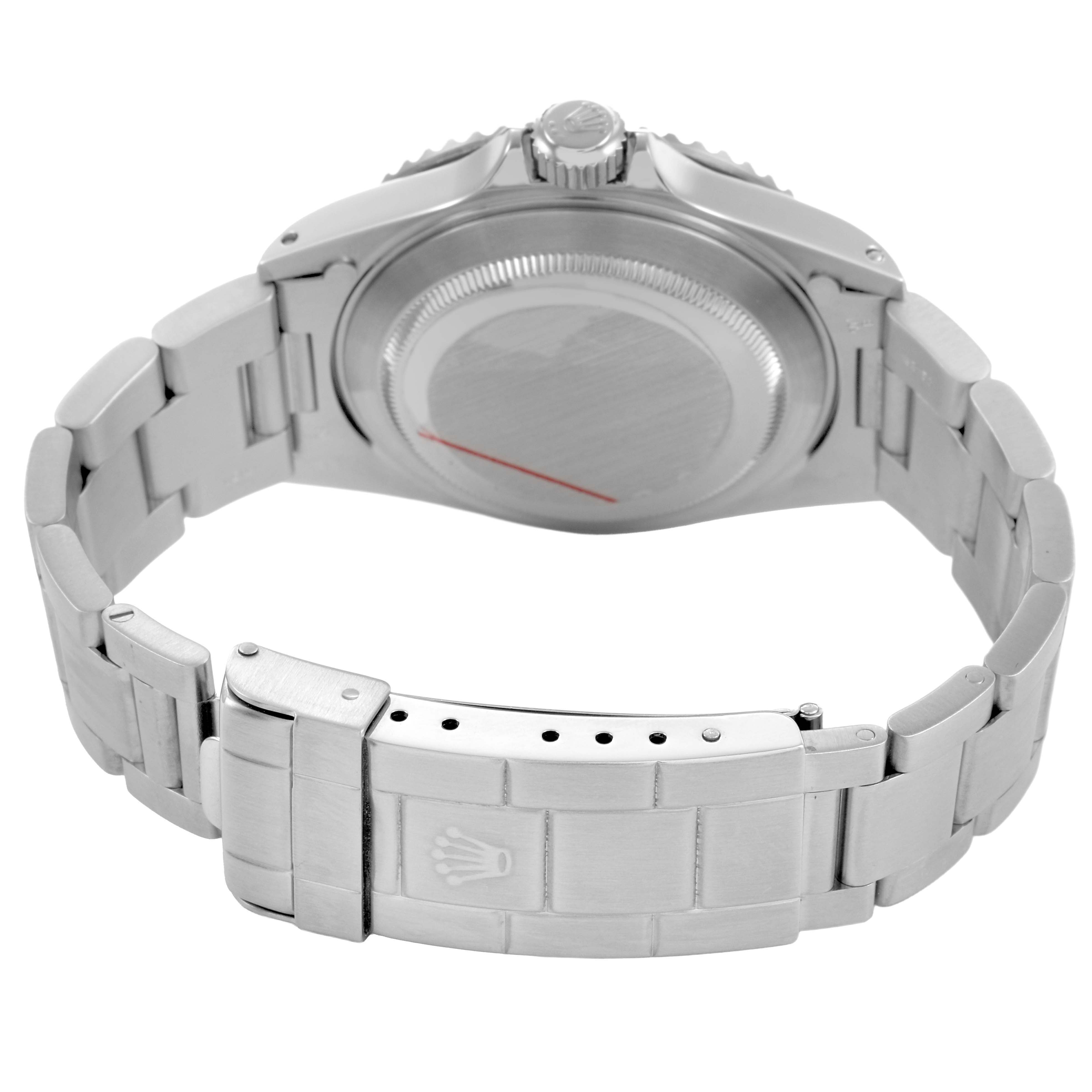 The image shows the back and bracelet of a Rolex Submariner 14060 Men's Stainless Steel Black Dial, highlighting the case back and clasp.