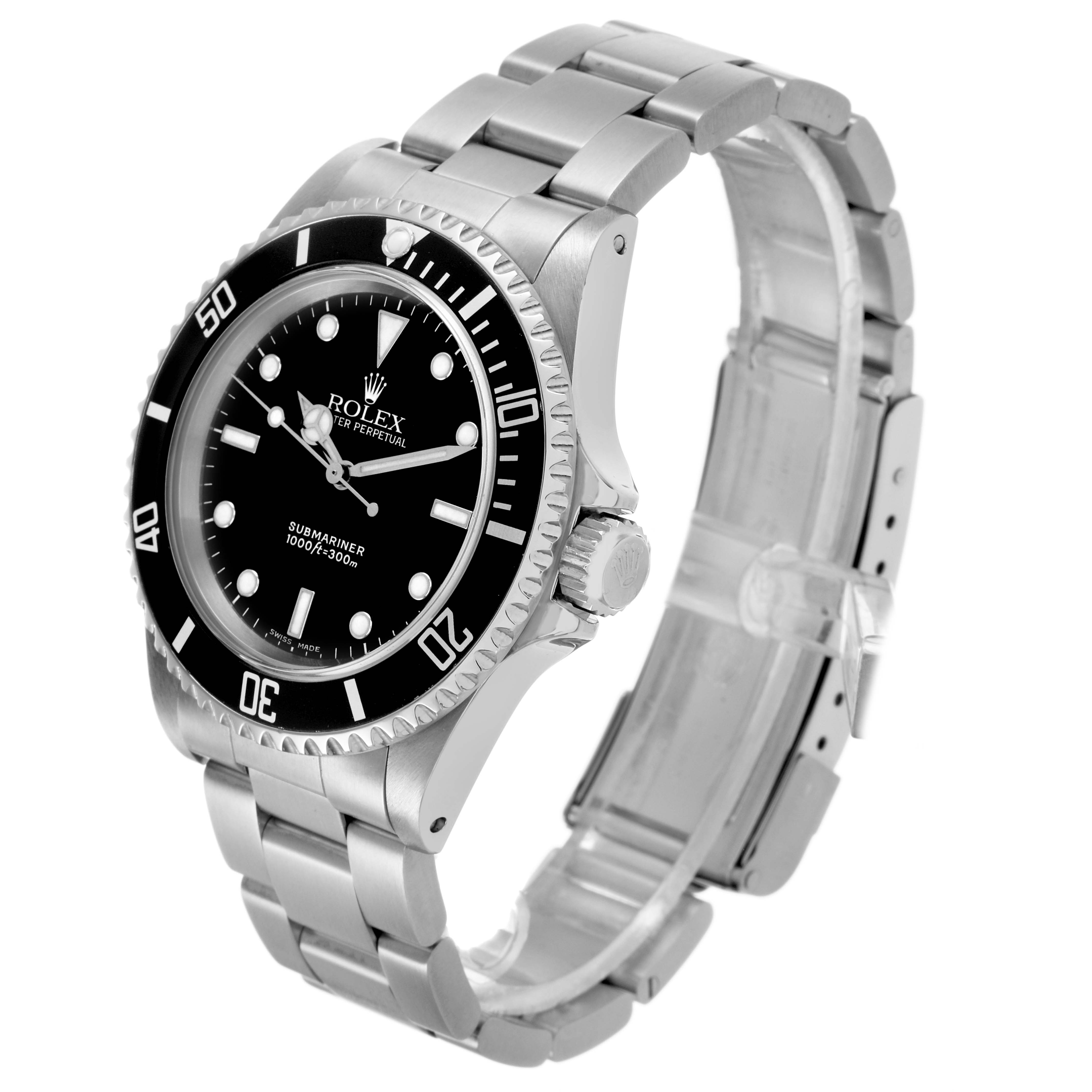 The Rolex Submariner 14060 Men's Stainless Steel Black Dial watch is shown at a slight angle, displaying its black dial, bezel, crown, and stainless steel bracelet.