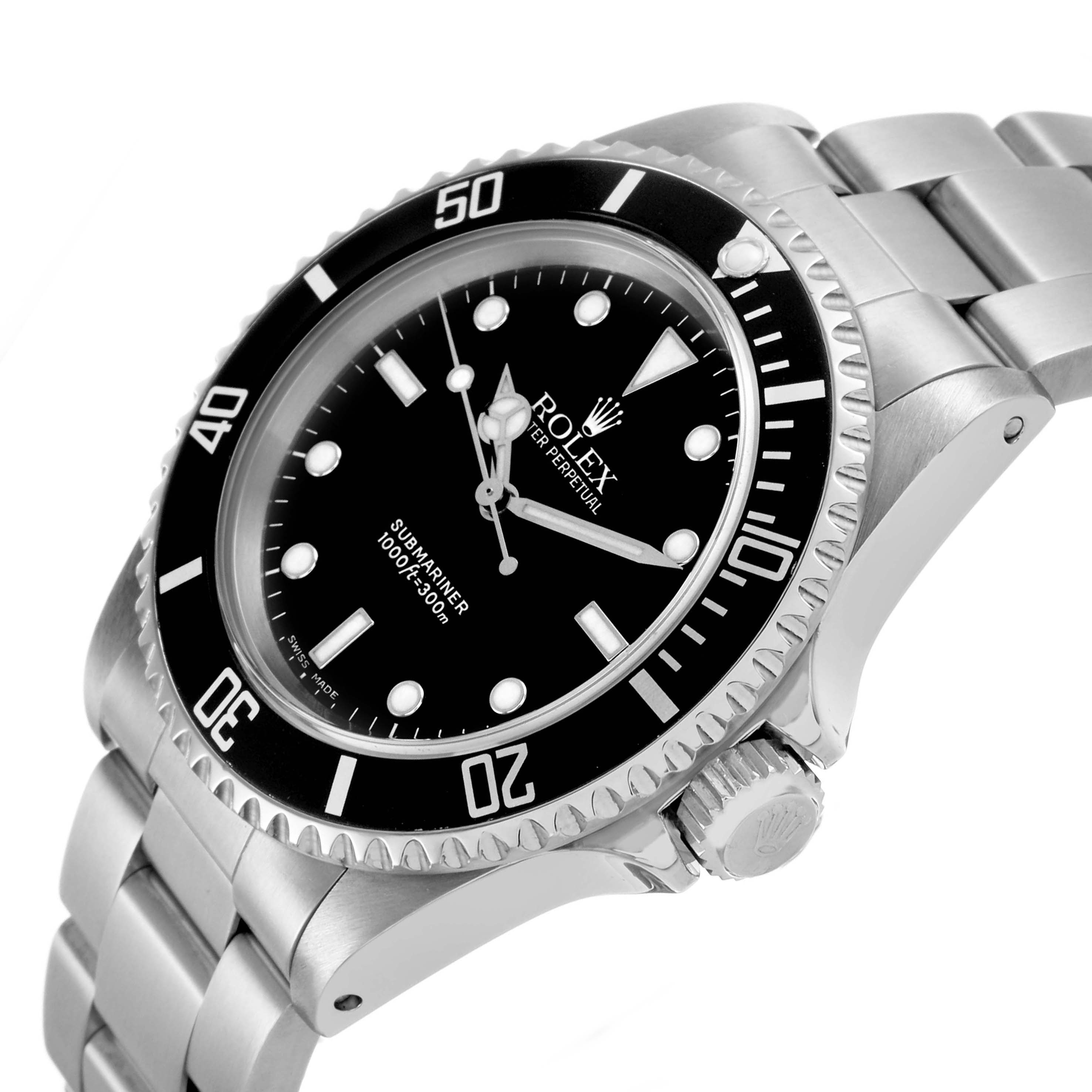 The Rolex Submariner 14060 Men's Stainless Steel Black Dial is shown at a slight angle, highlighting the bezel, crown, and bracelet.