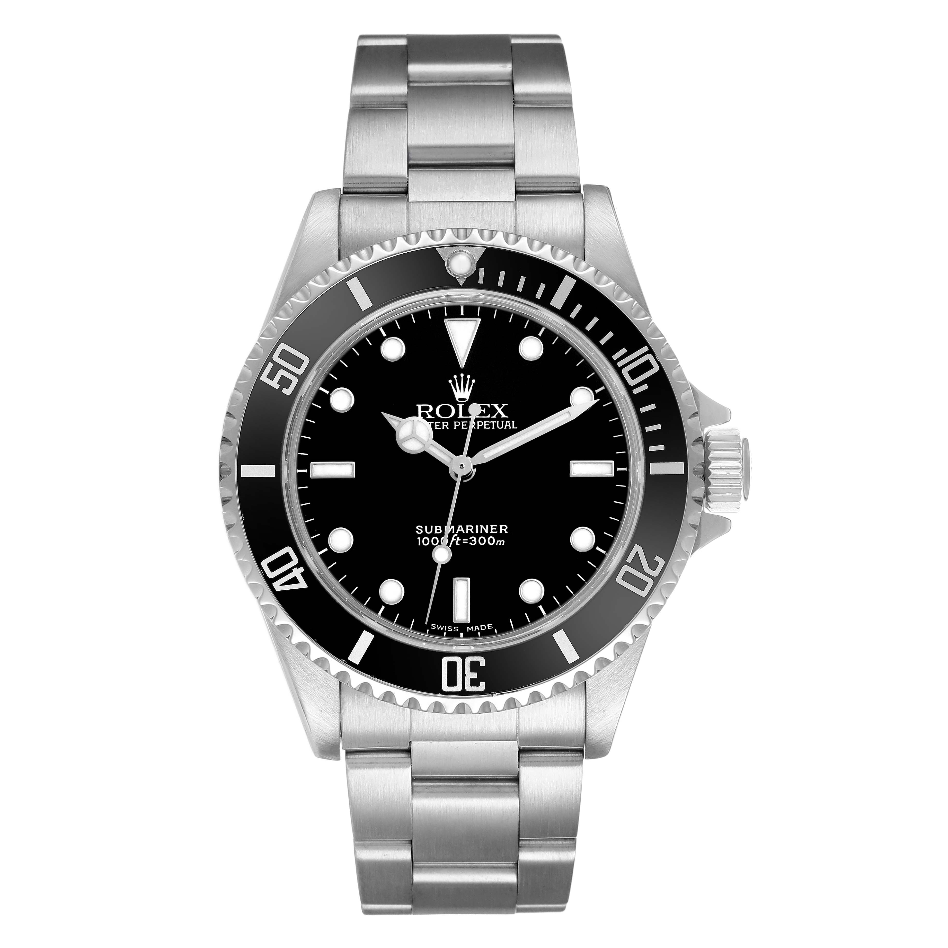 The Rolex Submariner 14060 Men's Stainless Steel Black Dial watch is shown from a front angle, displaying the dial, bezel, and bracelet.