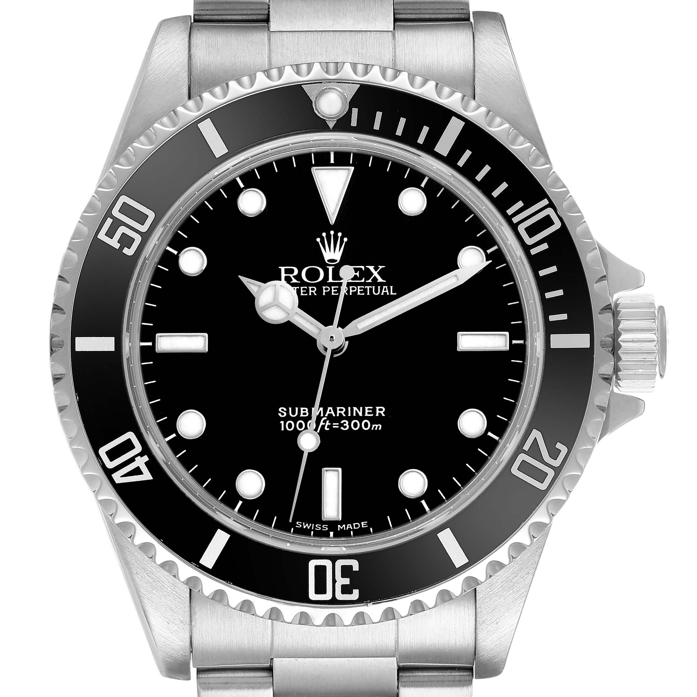 The Rolex Submariner 14060 Men's Stainless Steel Black Dial watch is shown from the front, featuring the face, bezel, and part of the bracelet.