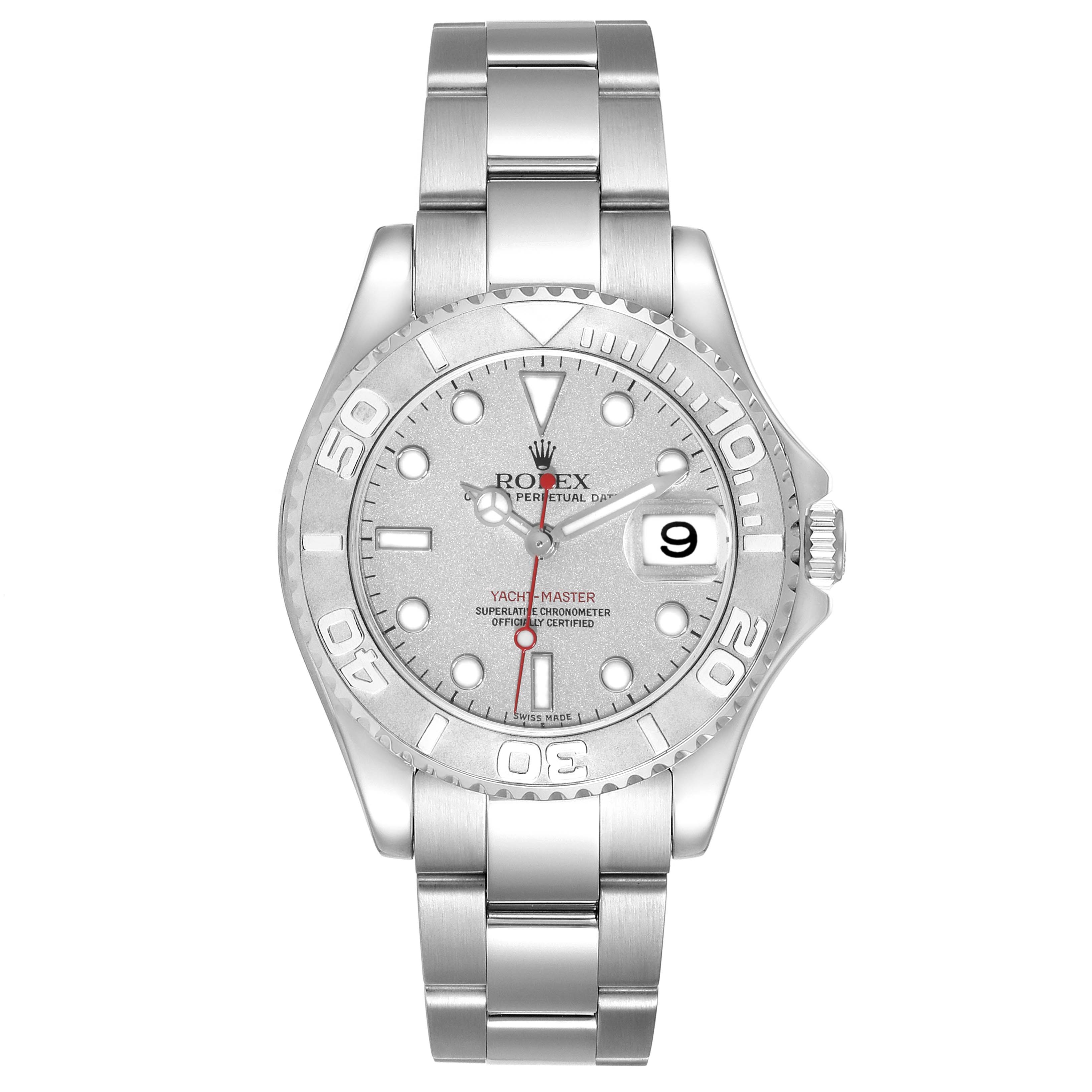 This image shows a front view of a Rolex Yacht-Master 168622 Men's Stainless Steel Silver Dial 168622 Men's Stainless Steel Silver Dial watch, featuring the dial, bezel, case, and bracelet.