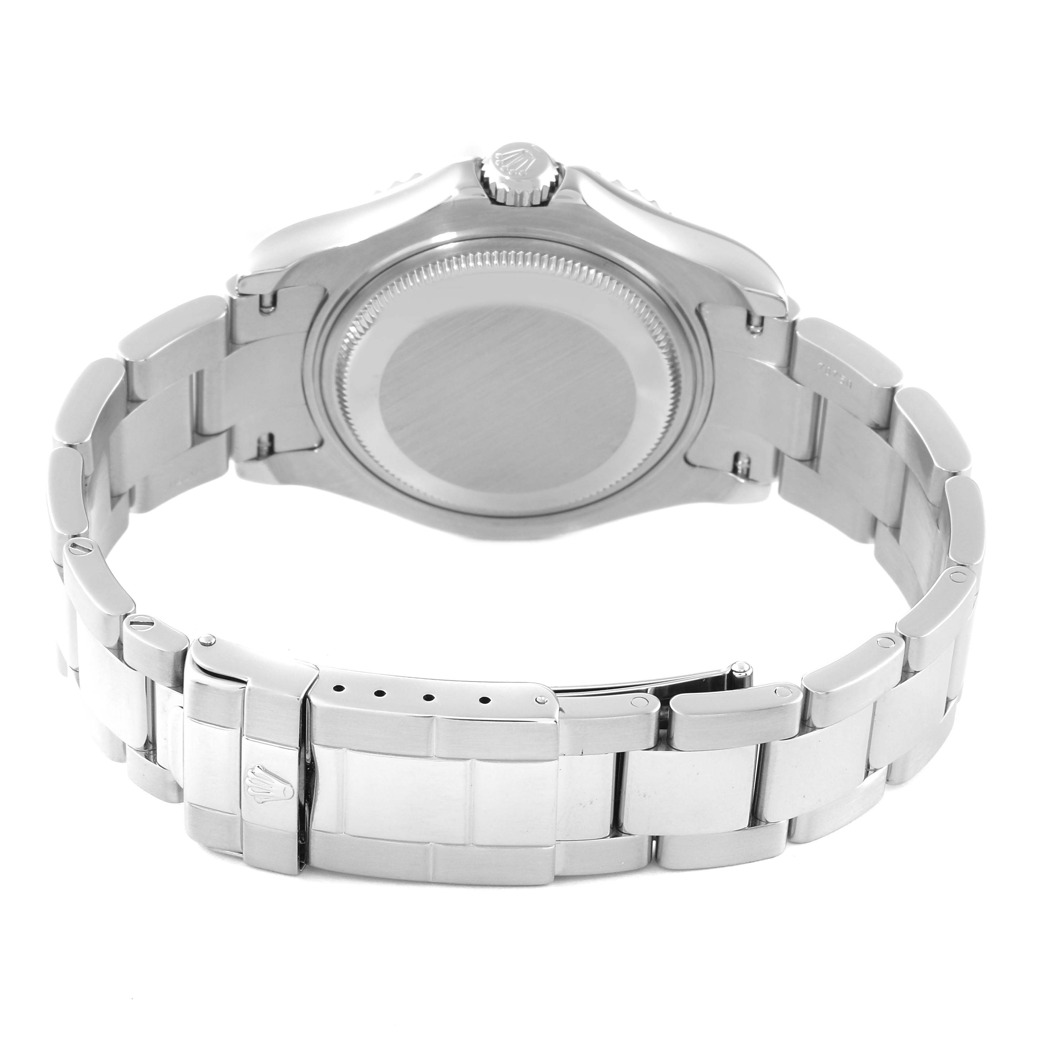 The Rolex Yacht-Master 168622 Men's Stainless Steel Silver Dial 168622 Men's Stainless Steel Silver Dial watch is shown from the back, highlighting the case back, crown, and bracelet.