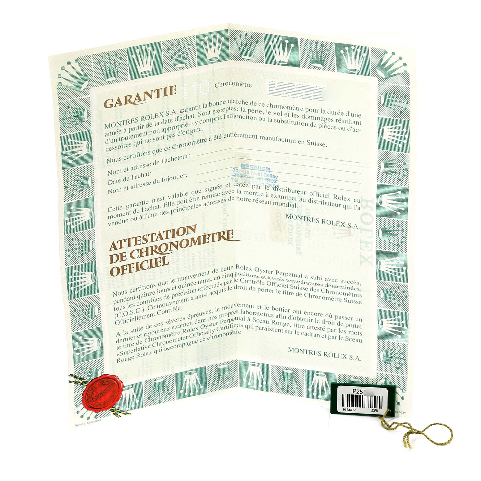 The image shows the warranty and chronometer certification documents for the Rolex Yacht-Master 168622 Men's Stainless Steel Silver Dial 168622 Men's Stainless Steel Silver Dial.