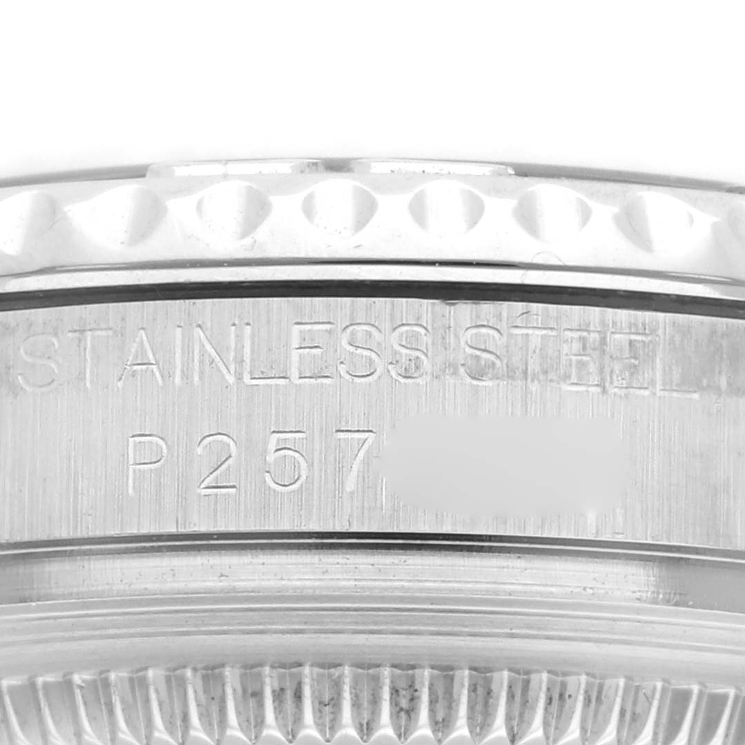 Close-up of the side view showing the engraved stainless steel and partial serial number on the Rolex Yacht-Master 168622 Men's Stainless Steel Silver Dial 168622 Men's Stainless Steel Silver Dial watch.
