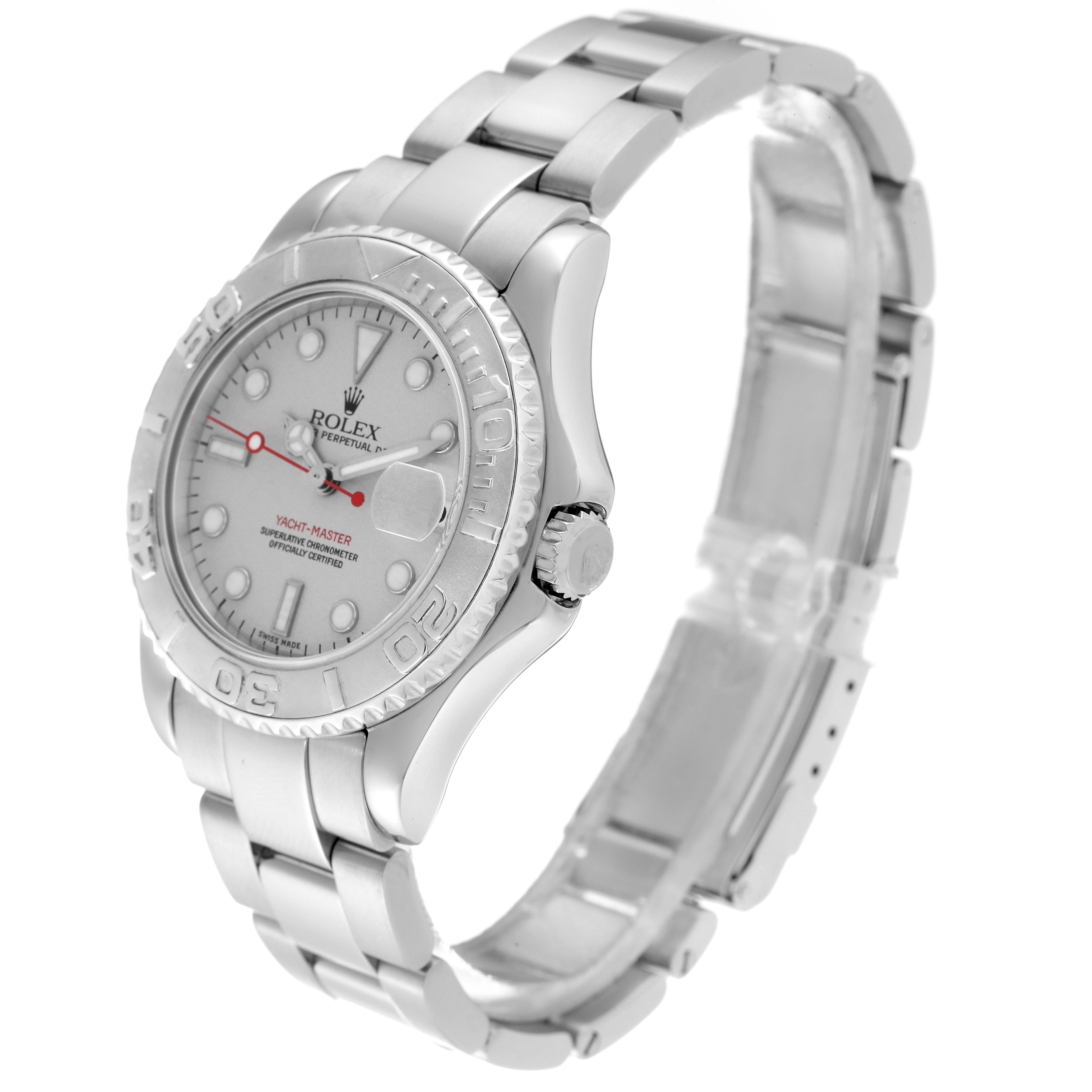 The Rolex Yacht-Master 168622 Men's Stainless Steel Silver Dial 168622 Men's Stainless Steel Silver Dial watch is shown from a left-side angle, highlighting the dial, bezel, and bracelet.