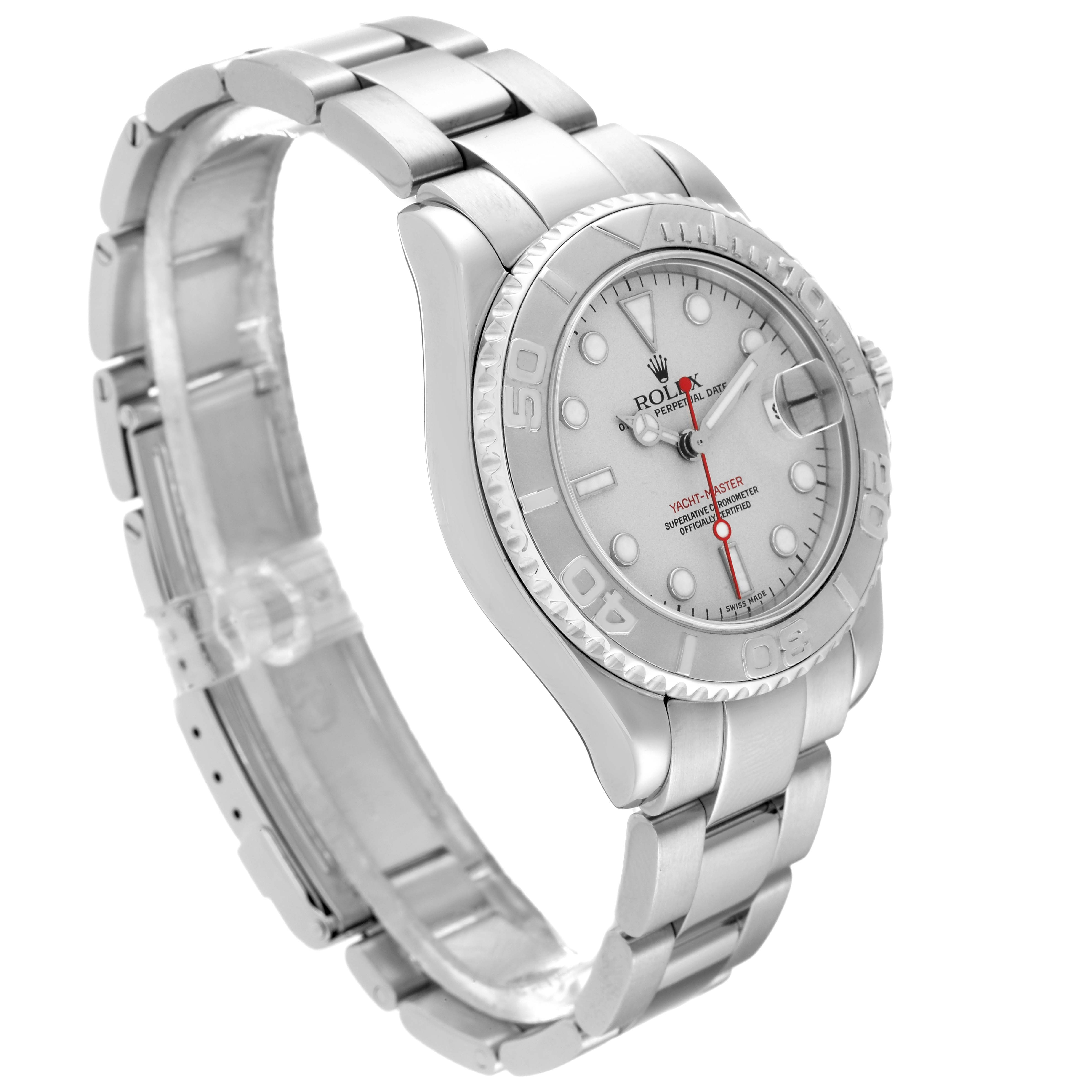 The Rolex Yacht-Master 168622 Men's Stainless Steel Silver Dial 168622 Men's Stainless Steel Silver Dial watch is shown at a three-quarter angle, highlighting the face, bezel, and bracelet.