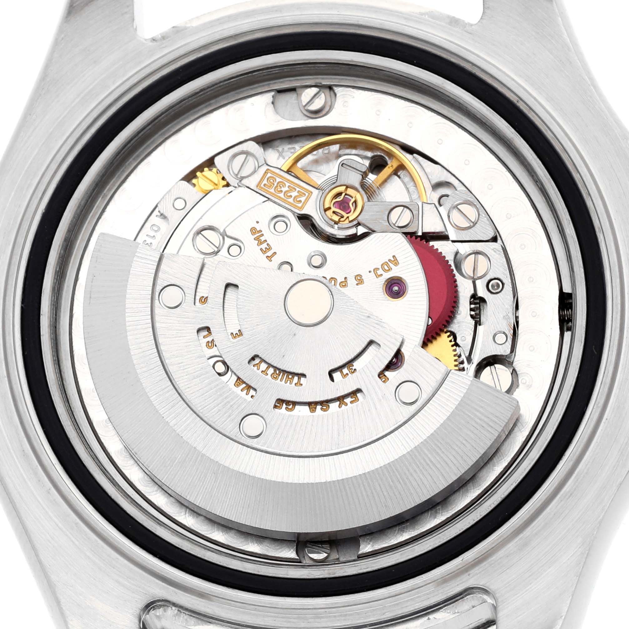 This image shows the internal mechanism of a Rolex Yacht-Master 168622 Men's Stainless Steel Silver Dial 168622 Men's Stainless Steel Silver Dial watch, specifically the movement and rotor assembly.