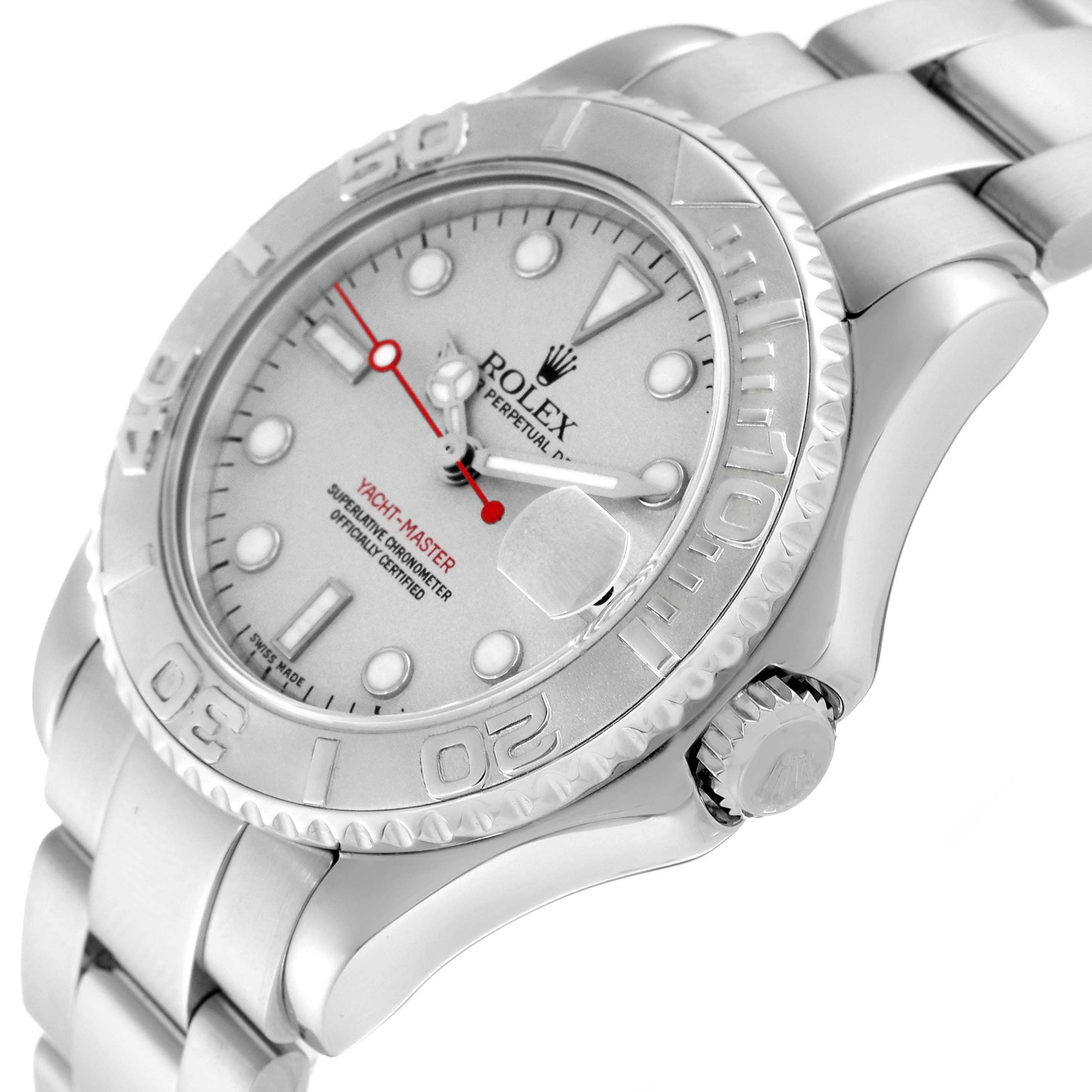 The image shows a close-up of the Rolex Yacht-Master 168622 Men's Stainless Steel Silver Dial 168622 Men's Stainless Steel Silver Dial watch at an angle, highlighting the dial, bezel, and part of the bracelet.