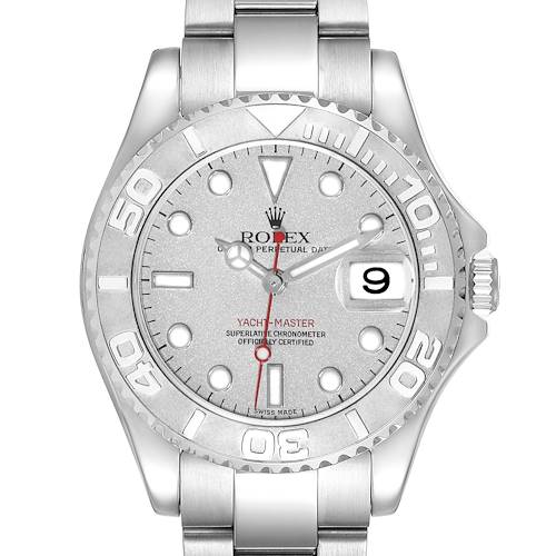 This image shows a front view of the Rolex Yacht-Master watch, displaying its bezel, dial, hands, and bracelet.