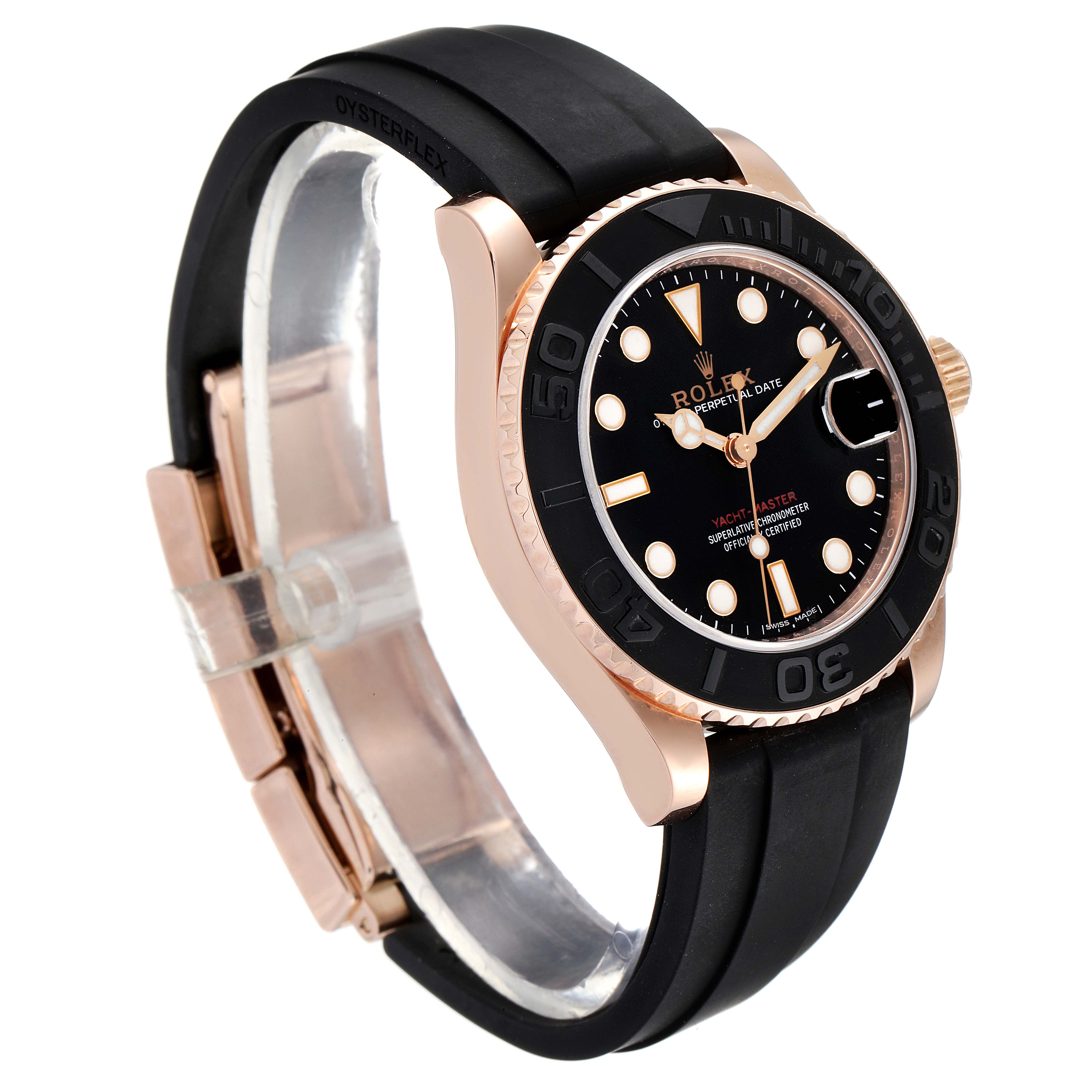 This image shows a Rolex Yacht-Master 268655 Men's Rose Gold Black Dial 268655 Men's Rose Gold Black Dial watch at an angle displaying its black dial, bezel, and black rubber strap.