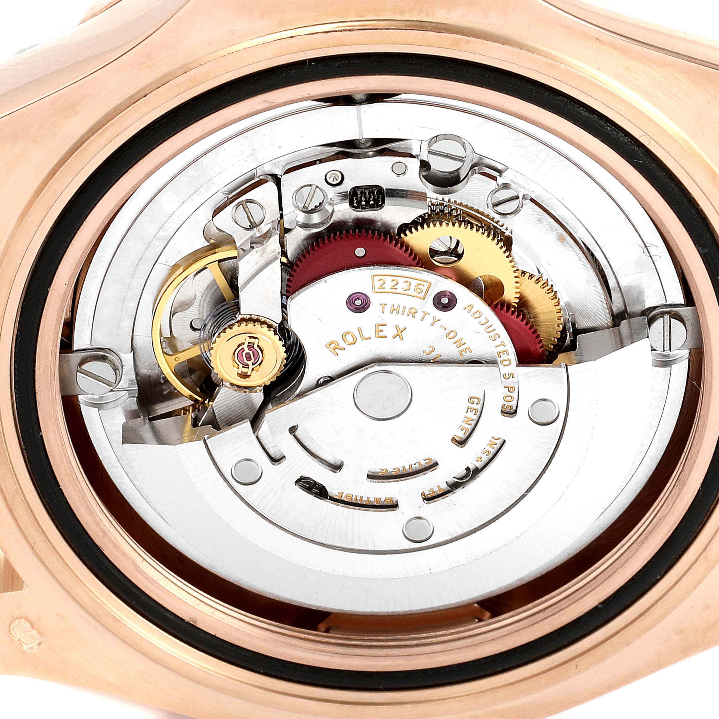 The image shows a close-up of the movement mechanism of a Rolex Yacht-Master 268655 Men's Rose Gold Black Dial 268655 Men's Rose Gold Black Dial watch, specifically the model's intricate internal parts.