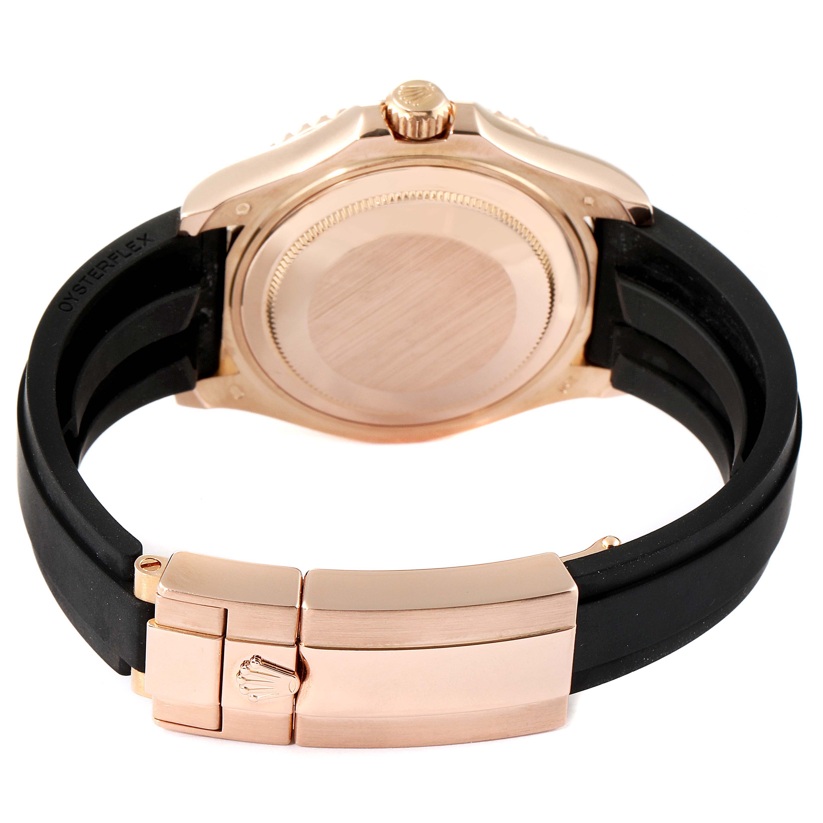 This image shows the back case and black strap of the Rolex Yacht-Master 268655 Men's Rose Gold Black Dial 268655 Men's Rose Gold Black Dial watch, highlighting the clasp and crown.