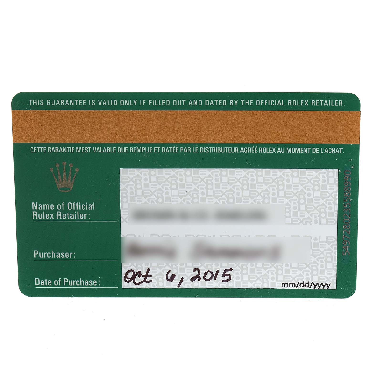 This image shows the warranty card for the Rolex Yacht-Master 268655 Men's Rose Gold Black Dial 268655 Men's Rose Gold Black Dial watch model.