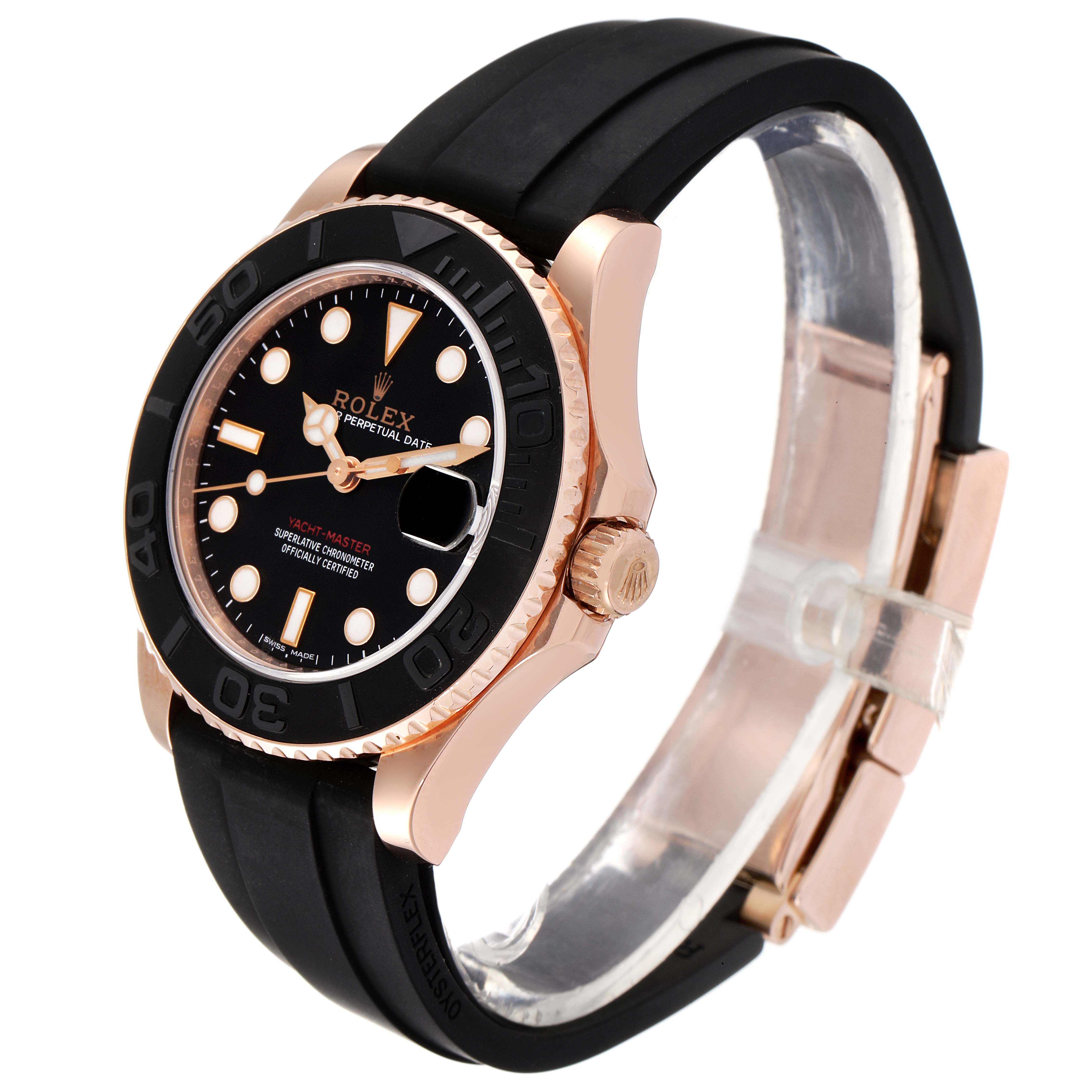 The image shows a Rolex Yacht-Master 268655 Men's Rose Gold Black Dial 268655 Men's Rose Gold Black Dial watch from a front angle, highlighting the dial, bezel, crown, and bracelet.