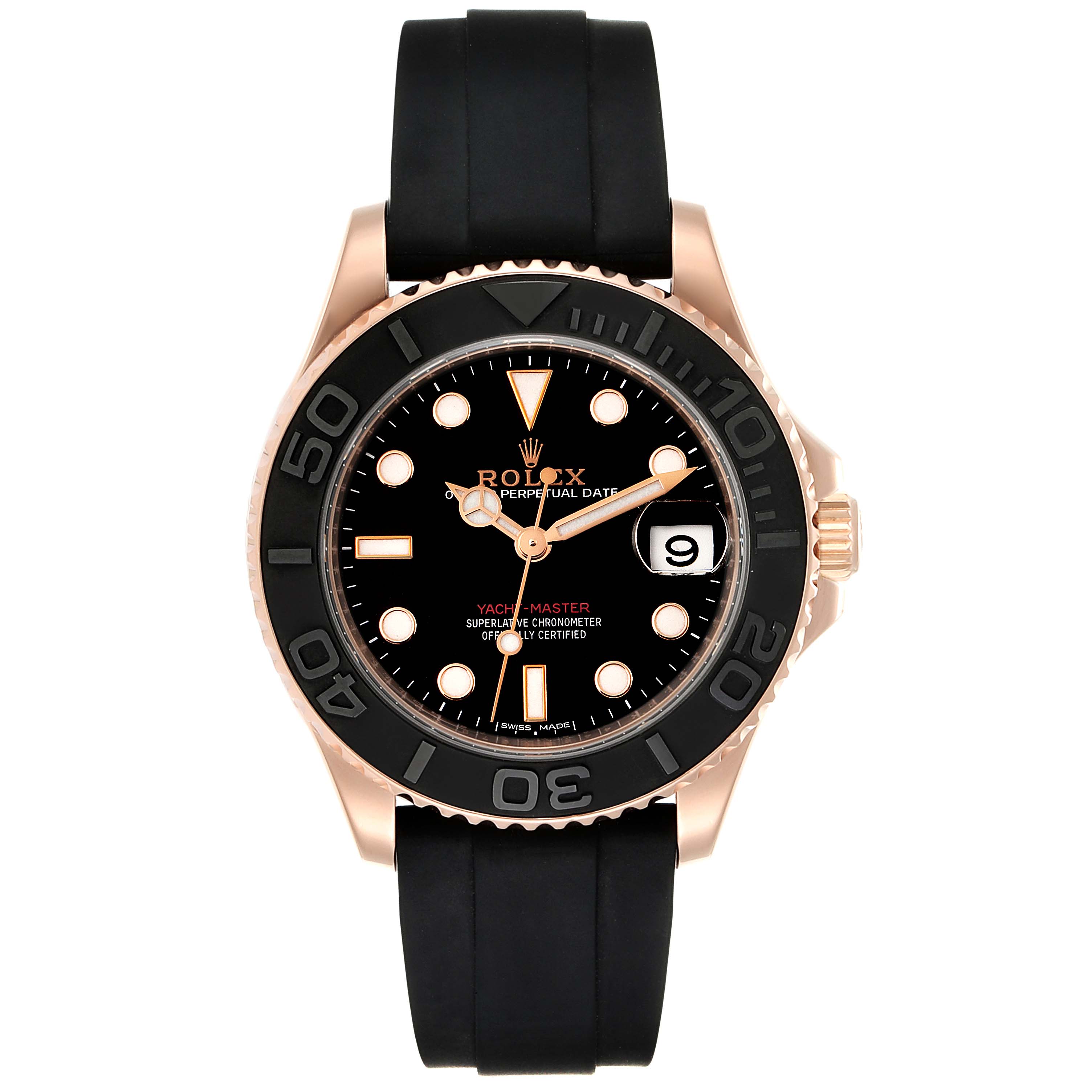 The image shows a front view of the Rolex Yacht-Master 268655 Men's Rose Gold Black Dial 268655 Men's Rose Gold Black Dial watch displaying its face, bezel, and black strap.