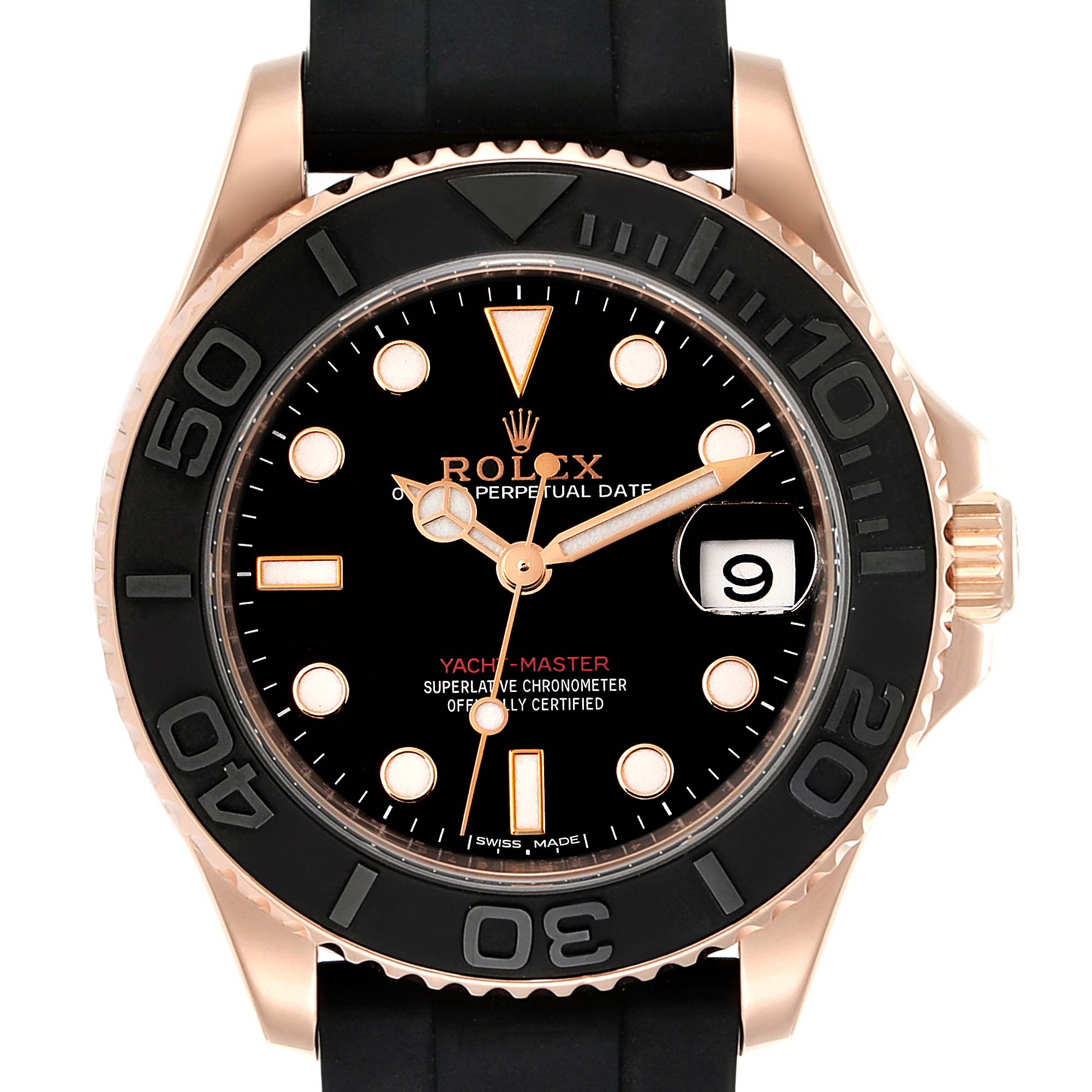 The Rolex Yacht-Master 268655 Men's Rose Gold Black Dial 268655 Men's Rose Gold Black Dial watch is shown from a front angle, displaying its dial, bezel, and part of its strap.