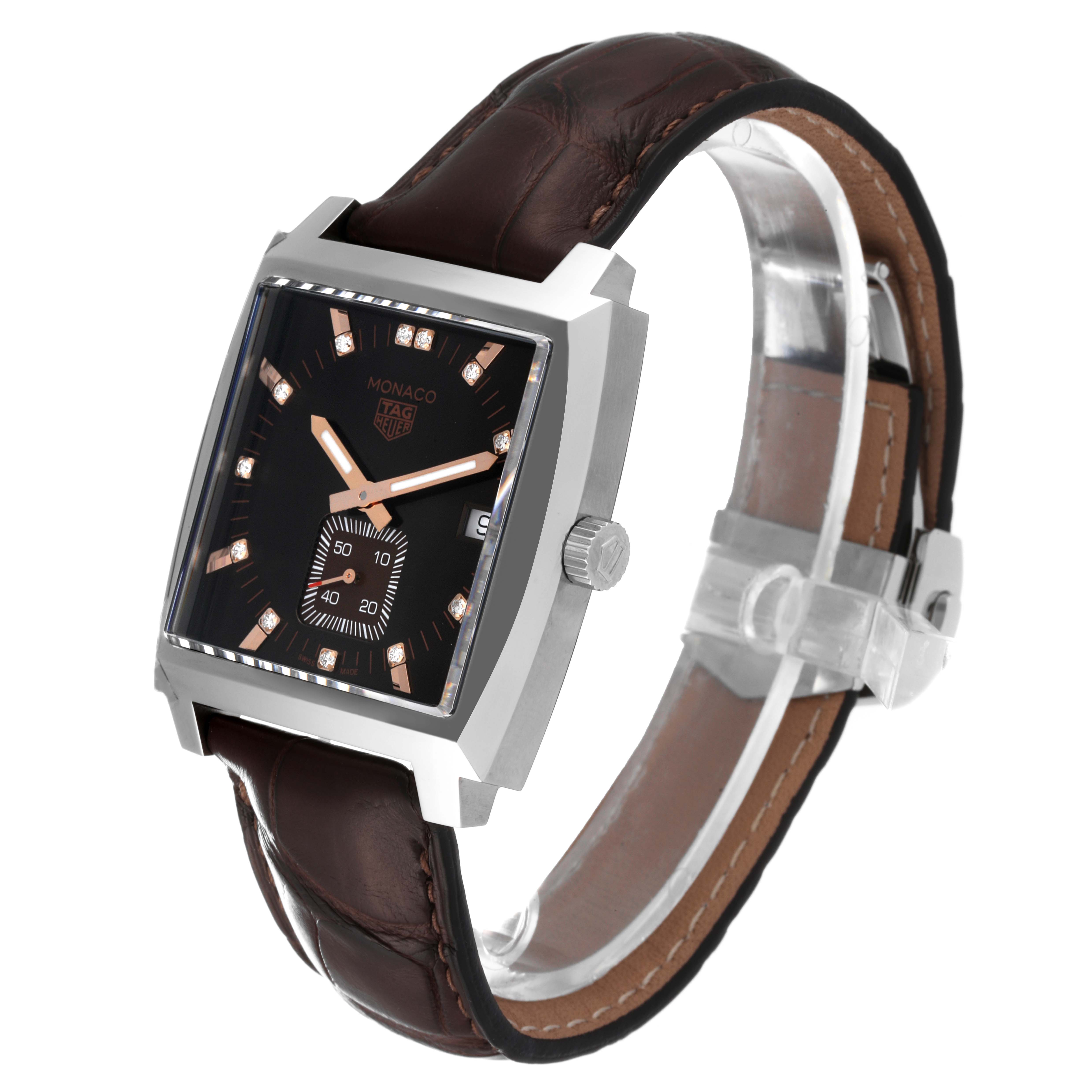 The image shows a Tag Heuer Monaco WAW131E.FC6420 Men's Stainless Steel Brown Dial WAW131E.FC6420 Men's Stainless Steel Brown Dial watch angled from the front-right, highlighting its square face, crown, and leather strap.