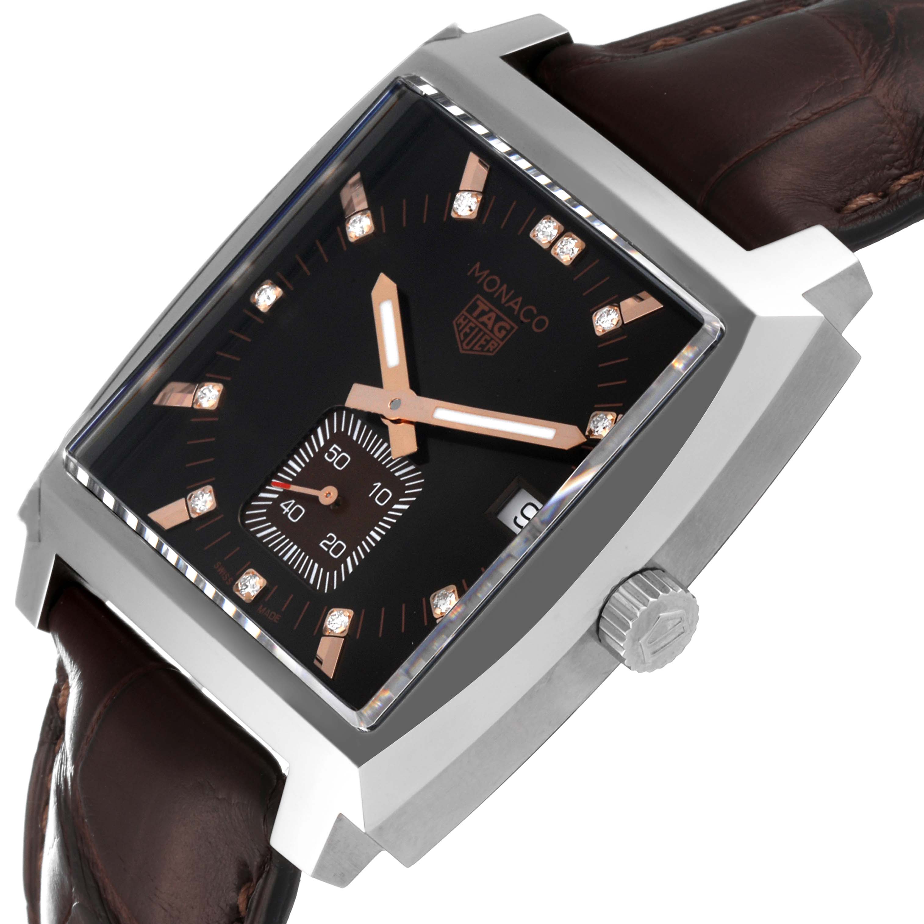 The image shows a Tag Heuer Monaco WAW131E.FC6420 Men's Stainless Steel Brown Dial WAW131E.FC6420 Men's Stainless Steel Brown Dial watch at an angle, highlighting its square face, crown, and part of the leather strap.