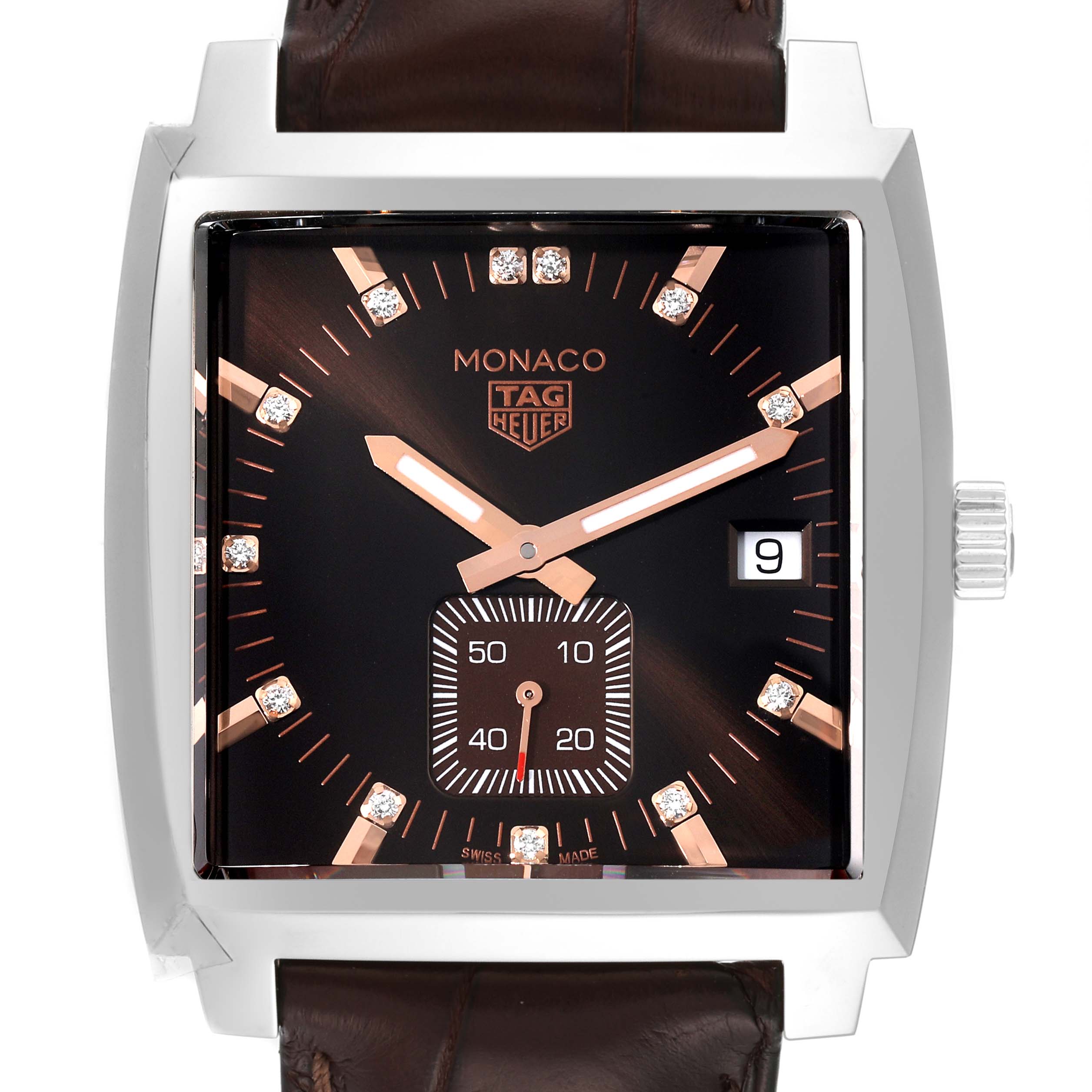 The image shows a front view of a Tag Heuer Monaco WAW131E.FC6420 Men's Stainless Steel Brown Dial WAW131E.FC6420 Men's Stainless Steel Brown Dial watch with a rectangular face, diamond markers, and a brown leather strap.