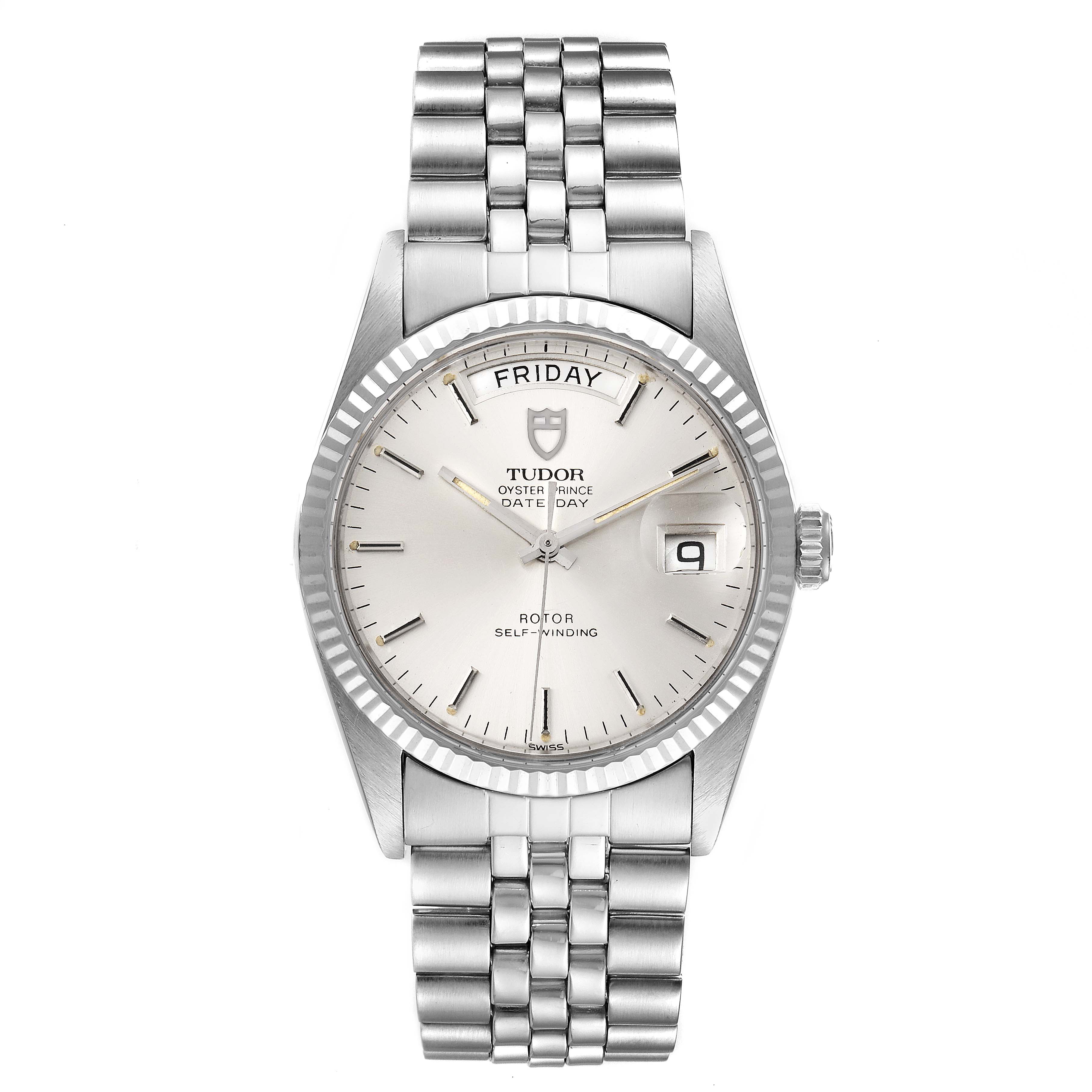 The image shows a frontal view of a Tudor Prince 94614 Men's Stainless Steel Silver Dial 94614 Men's Stainless Steel Silver Dial model watch, displaying its dial, bezel, crown, and stainless steel bracelet.