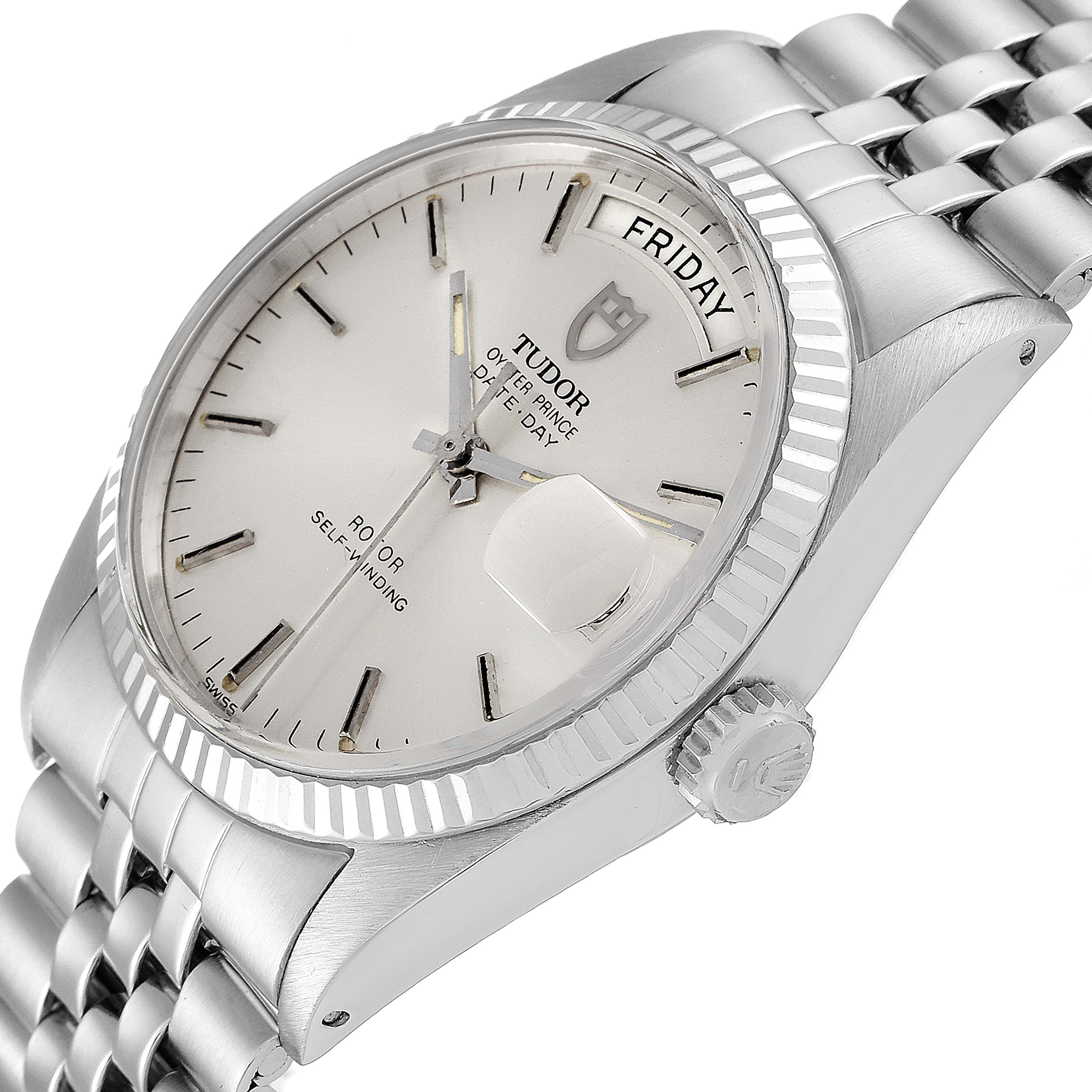This Tudor Prince 94614 Men's Stainless Steel Silver Dial 94614 Men's Stainless Steel Silver Dial model watch is shown at a slight angle highlighting the dial, bezel, crown, and bracelet.