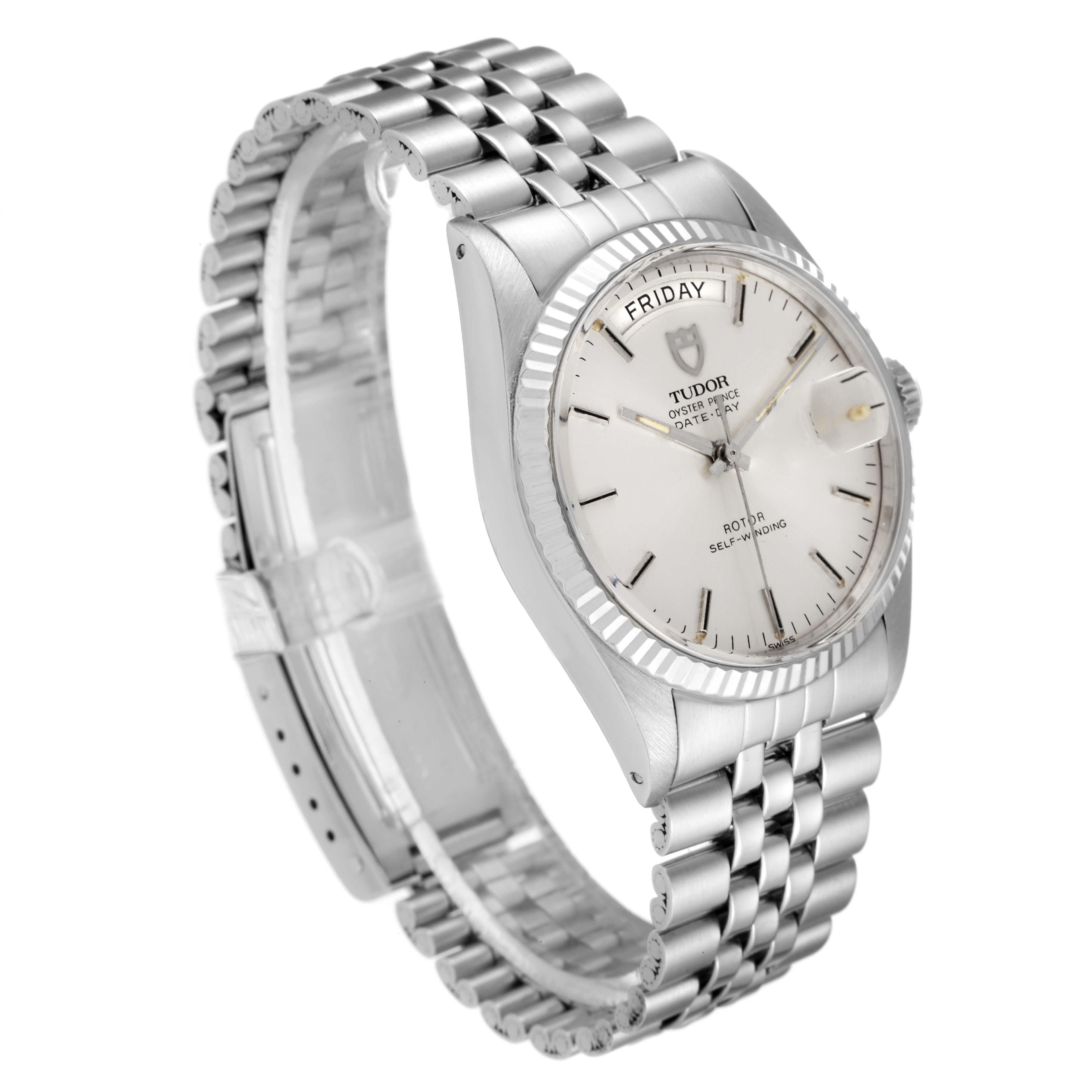 The Tudor Prince 94614 Men's Stainless Steel Silver Dial 94614 Men's Stainless Steel Silver Dial watch is shown at a left angle, displaying the face, bezel, and bracelet.