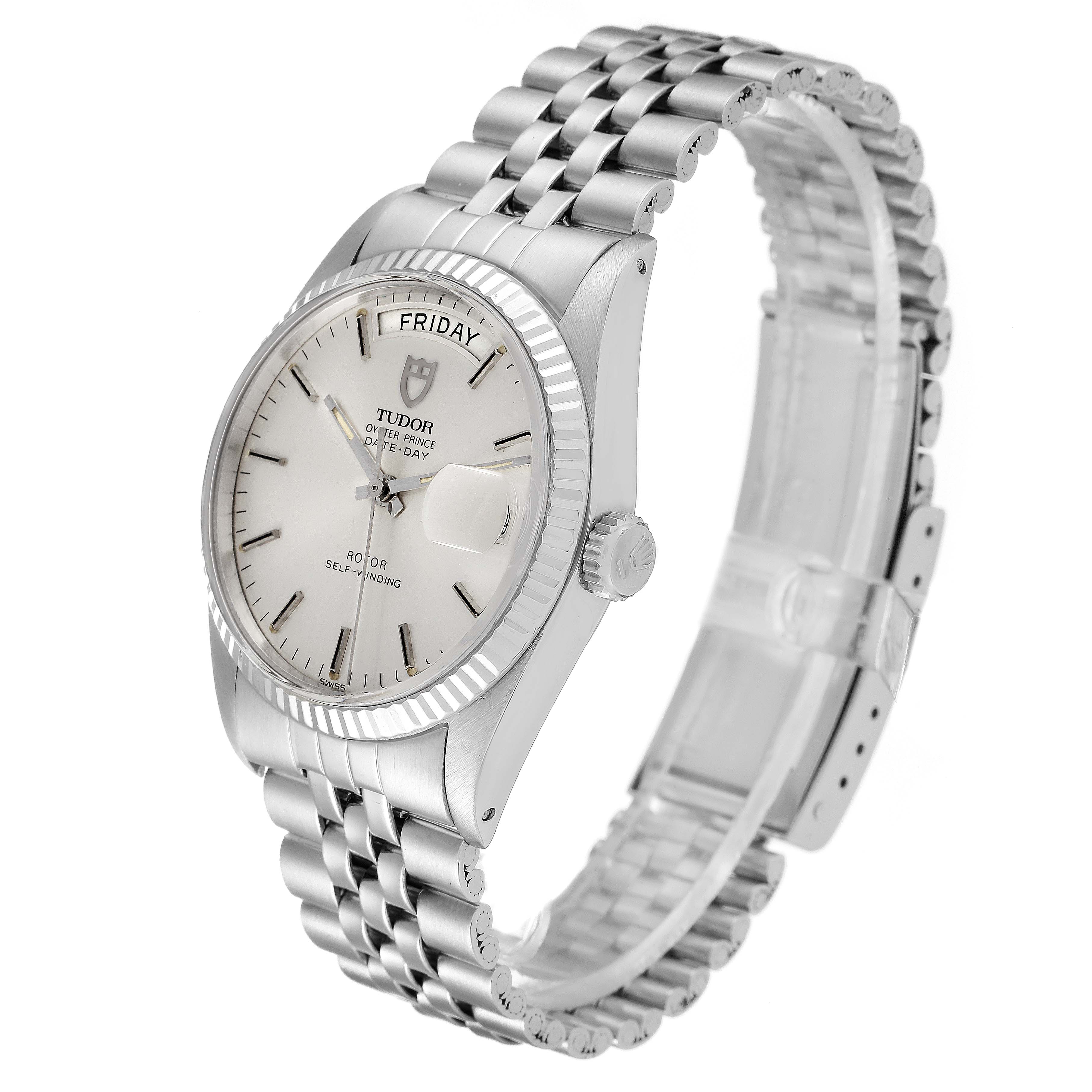 The Tudor Prince 94614 Men's Stainless Steel Silver Dial 94614 Men's Stainless Steel Silver Dial watch is shown at an angle from the front left, displaying the dial, bezel, crown, and bracelet.