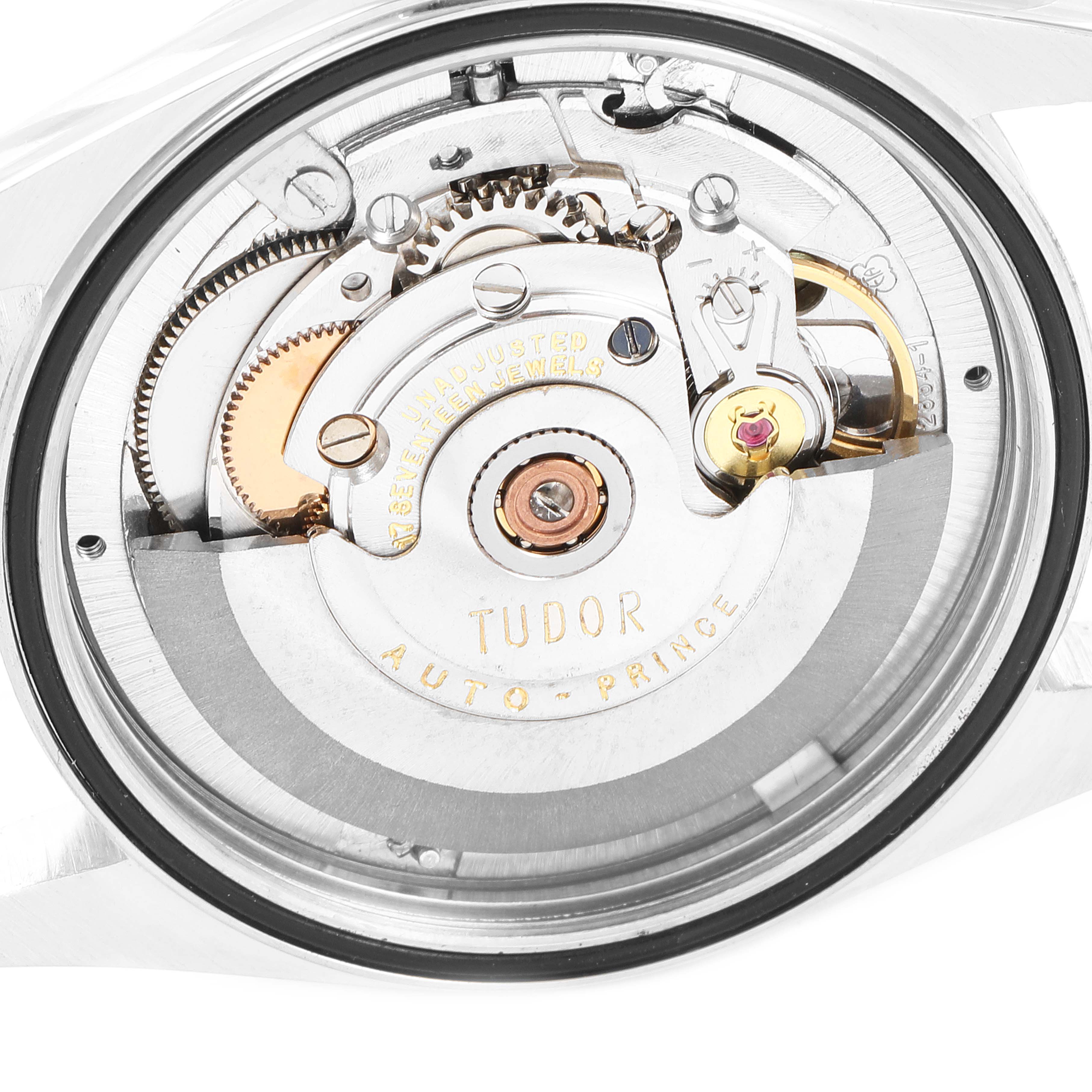This image shows the movement and internal components of a Tudor Prince 94614 Men's Stainless Steel Silver Dial 94614 Men's Stainless Steel Silver Dial model watch, viewed from the back.