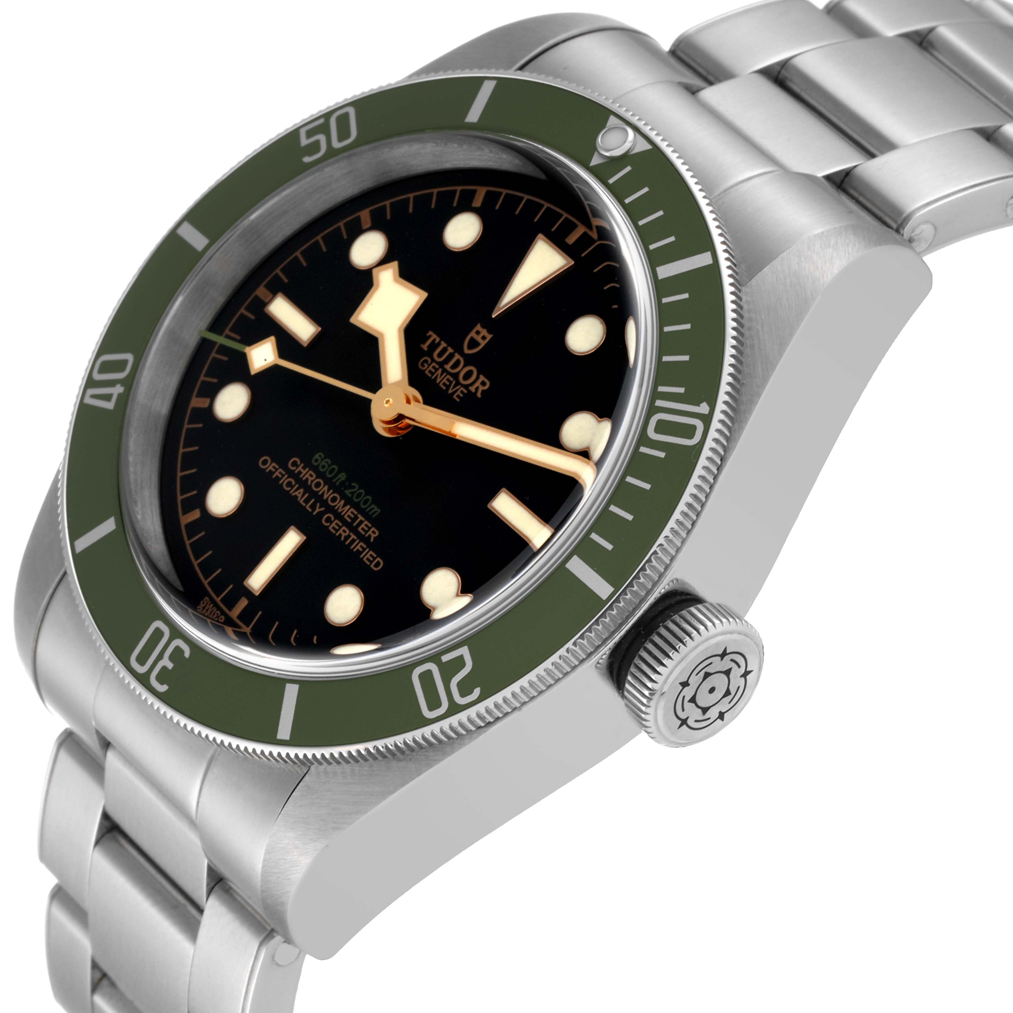 This image shows a close-up side angle of the Tudor Heritage Black Bay 79230G Men's Stainless Steel Black Dial 79230G Men's Stainless Steel Black Dial watch, highlighting the face, bezel, crown, and bracelet.