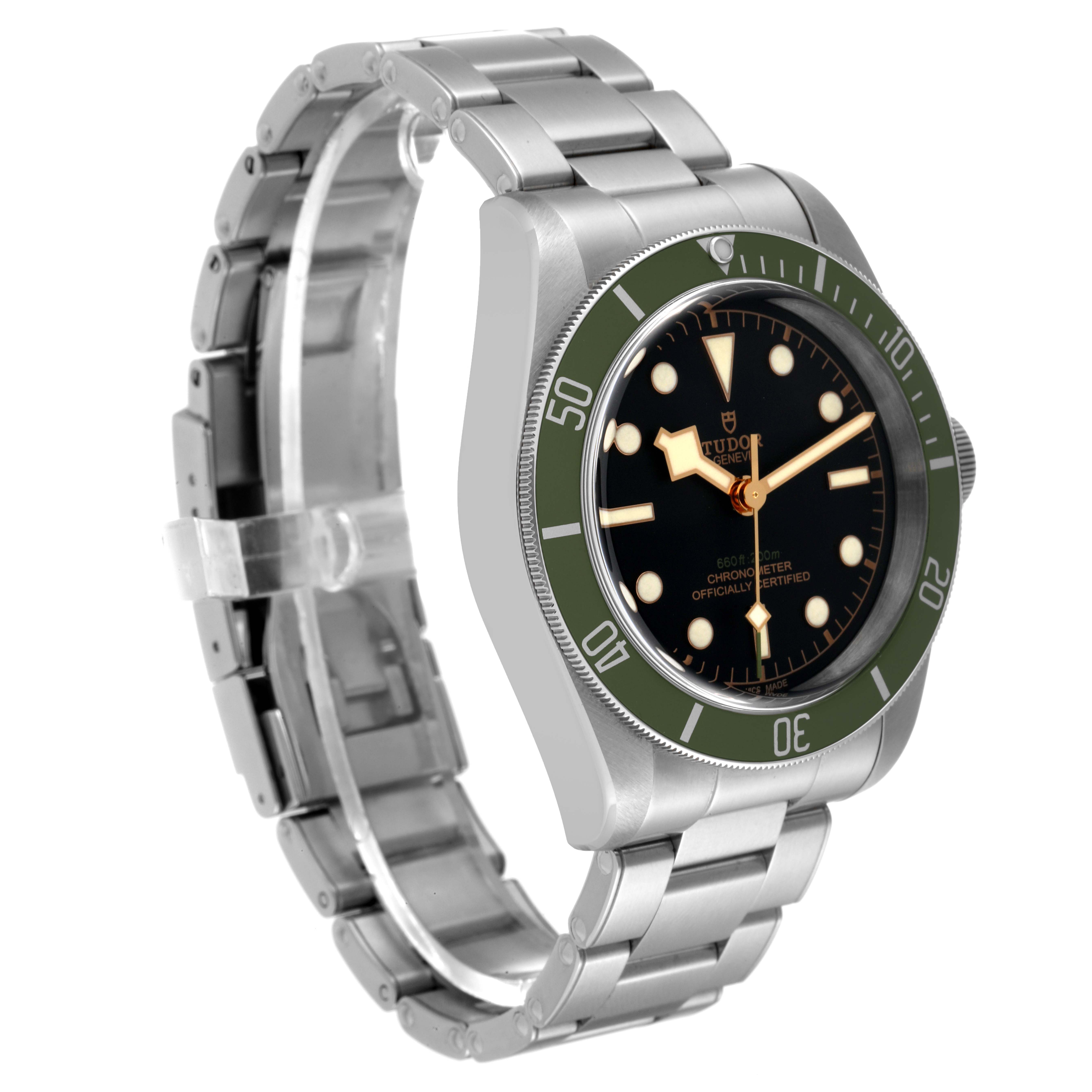 This is a side view of the Tudor Heritage Black Bay 79230G Men's Stainless Steel Black Dial 79230G Men's Stainless Steel Black Dial watch, displaying its face, bezel, and stainless steel bracelet.