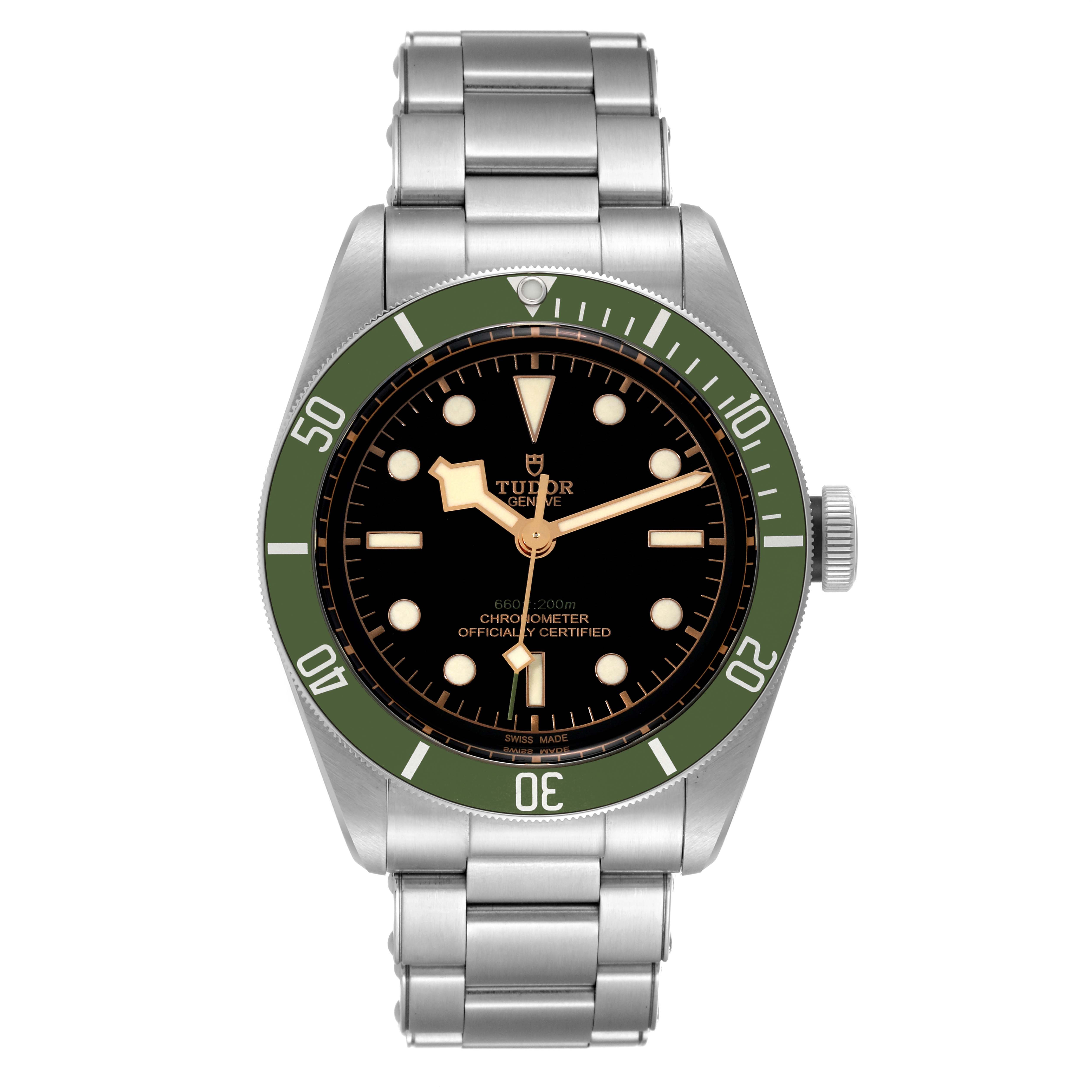 The image shows a front view of the Tudor Heritage Black Bay 79230G Men's Stainless Steel Black Dial 79230G Men's Stainless Steel Black Dial watch, including its dial, bezel, and metal bracelet.