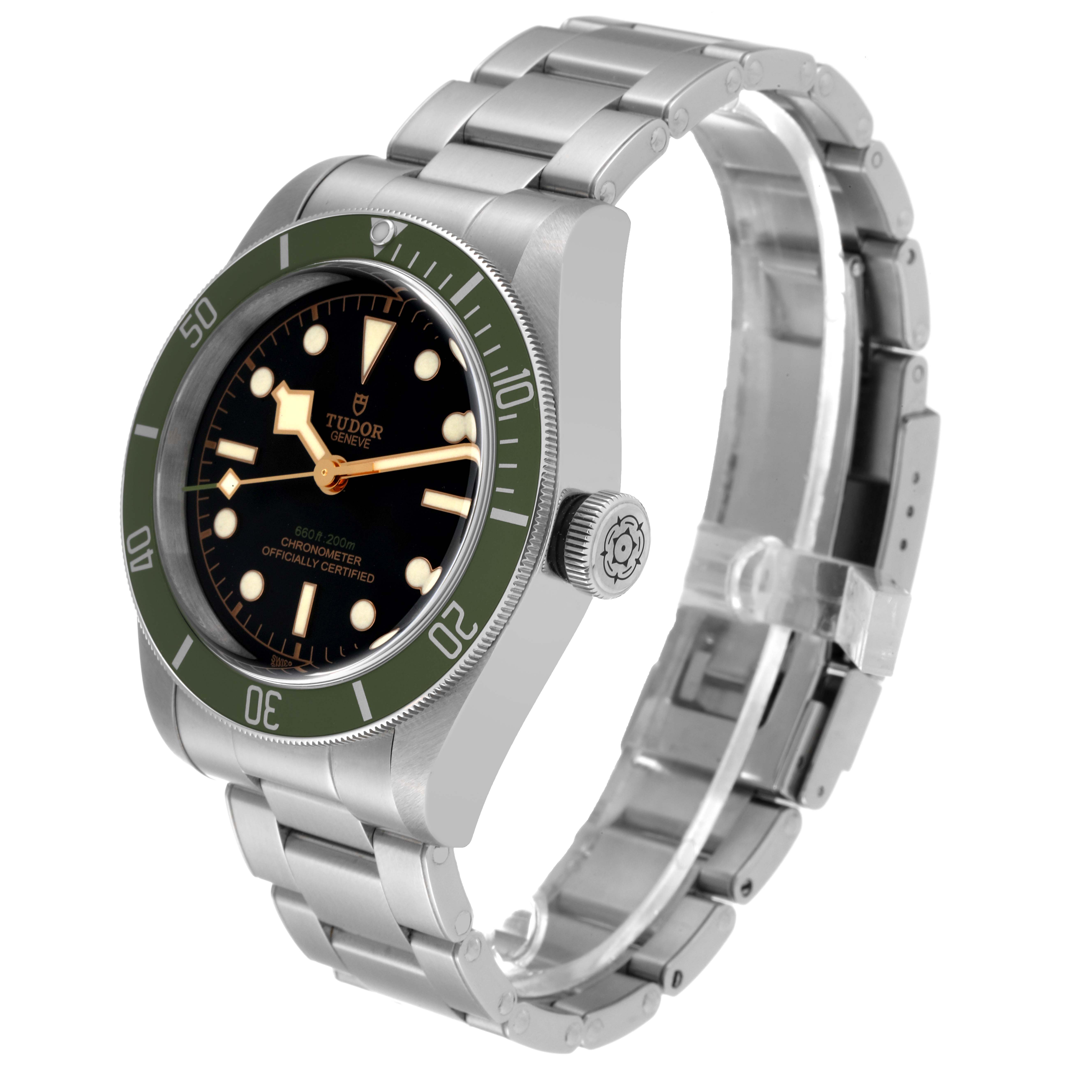 The image shows a Tudor Heritage Black Bay 79230G Men's Stainless Steel Black Dial 79230G Men's Stainless Steel Black Dial watch at a three-quarter angle, highlighting the face, bezel, and bracelet.