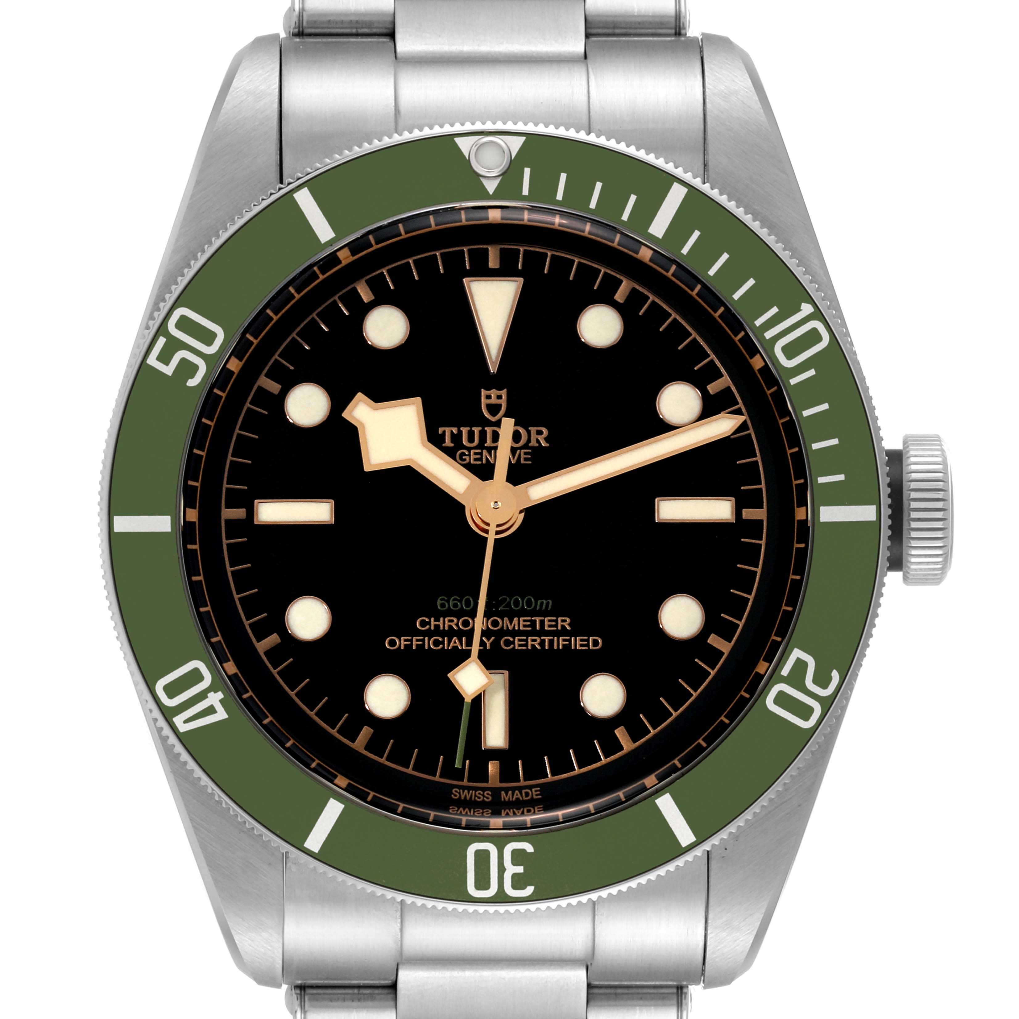The image shows a front view of the Tudor Heritage Black Bay 79230G Men's Stainless Steel Black Dial 79230G Men's Stainless Steel Black Dial watch, highlighting the dial, bezel, and part of the bracelet.