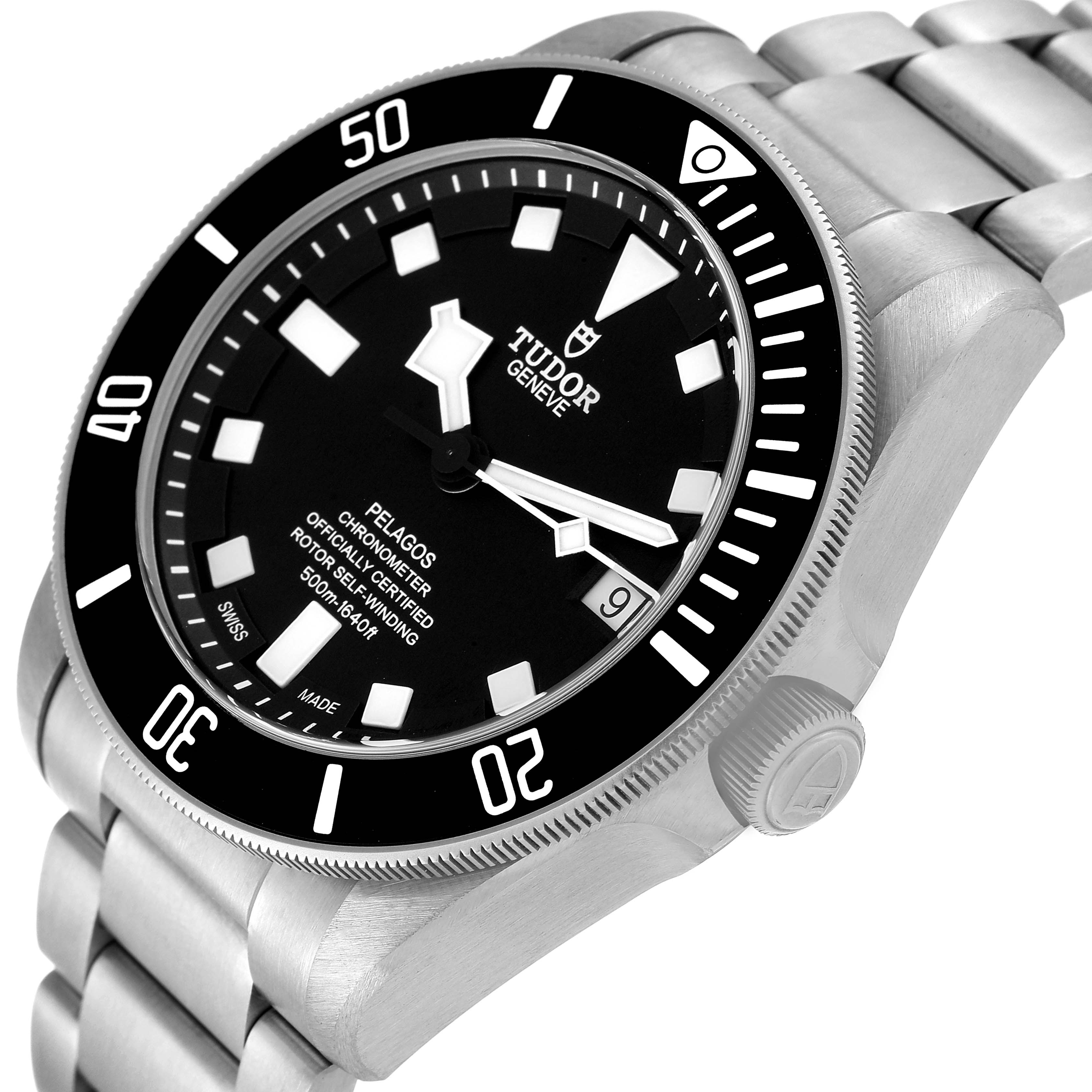 The Tudor Pelagos 25600TN Men's Titanium Black Dial 25600TN Men's Titanium Black Dial watch is shown at an oblique angle, highlighting the face, bezel, crown, and bracelet.