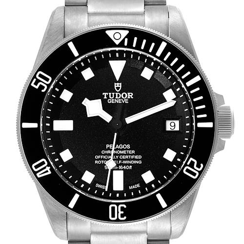 The image shows a front view of the Tudor Pelagos watch, highlighting its dial, bezel, hands, date display, and bracelet.