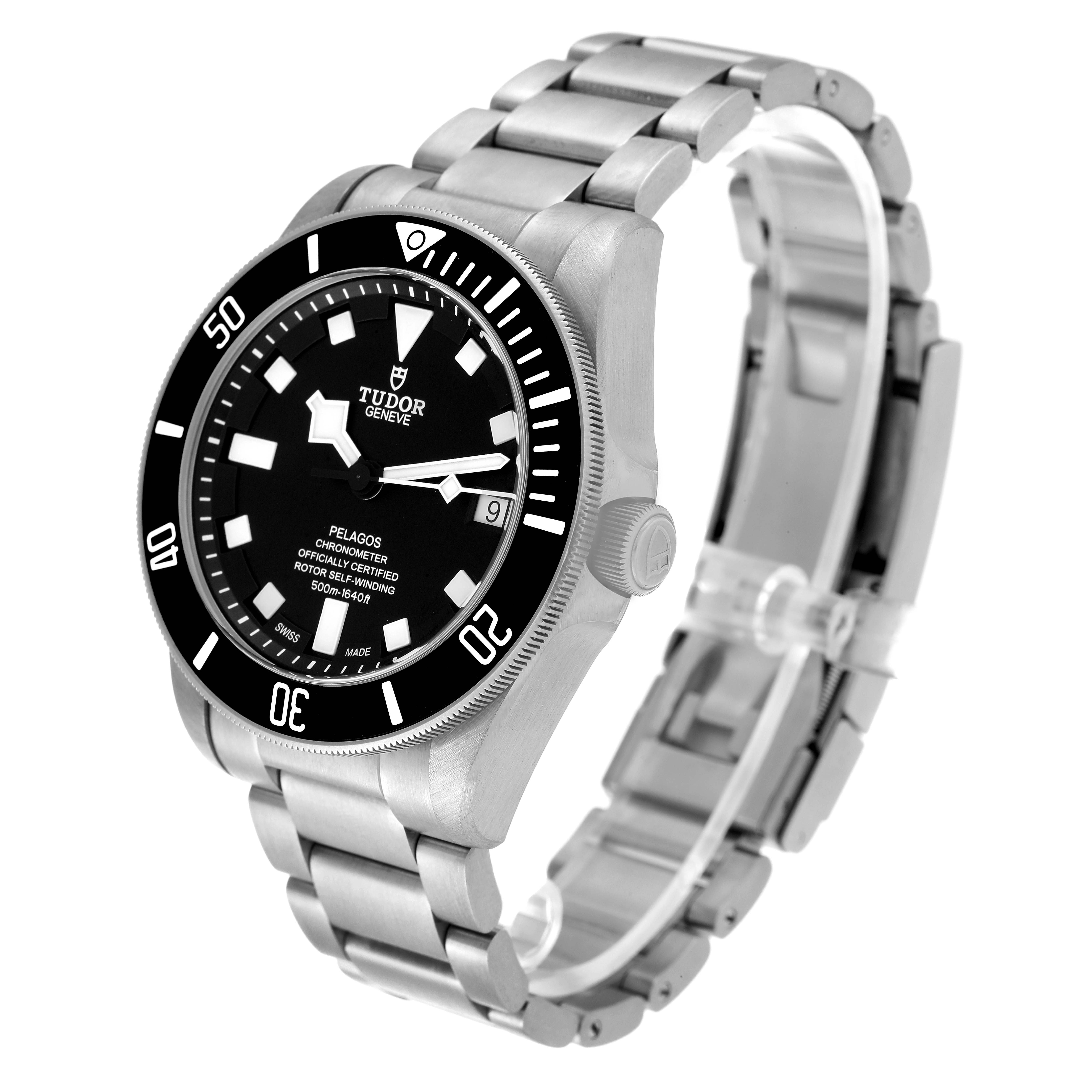 The Tudor Pelagos 25600TN Men's Titanium Black Dial 25600TN Men's Titanium Black Dial watch is shown at a three-quarter angle, showcasing the dial, bezel, and bracelet.