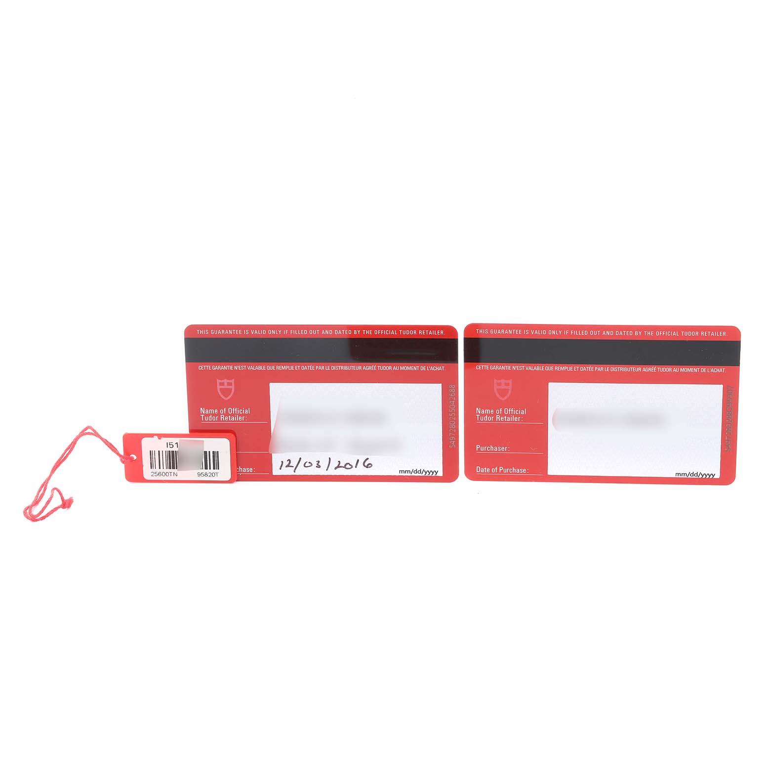 The image shows warranty cards and a hang tag for a Tudor Pelagos 25600TN Men's Titanium Black Dial 25600TN Men's Titanium Black Dial watch.