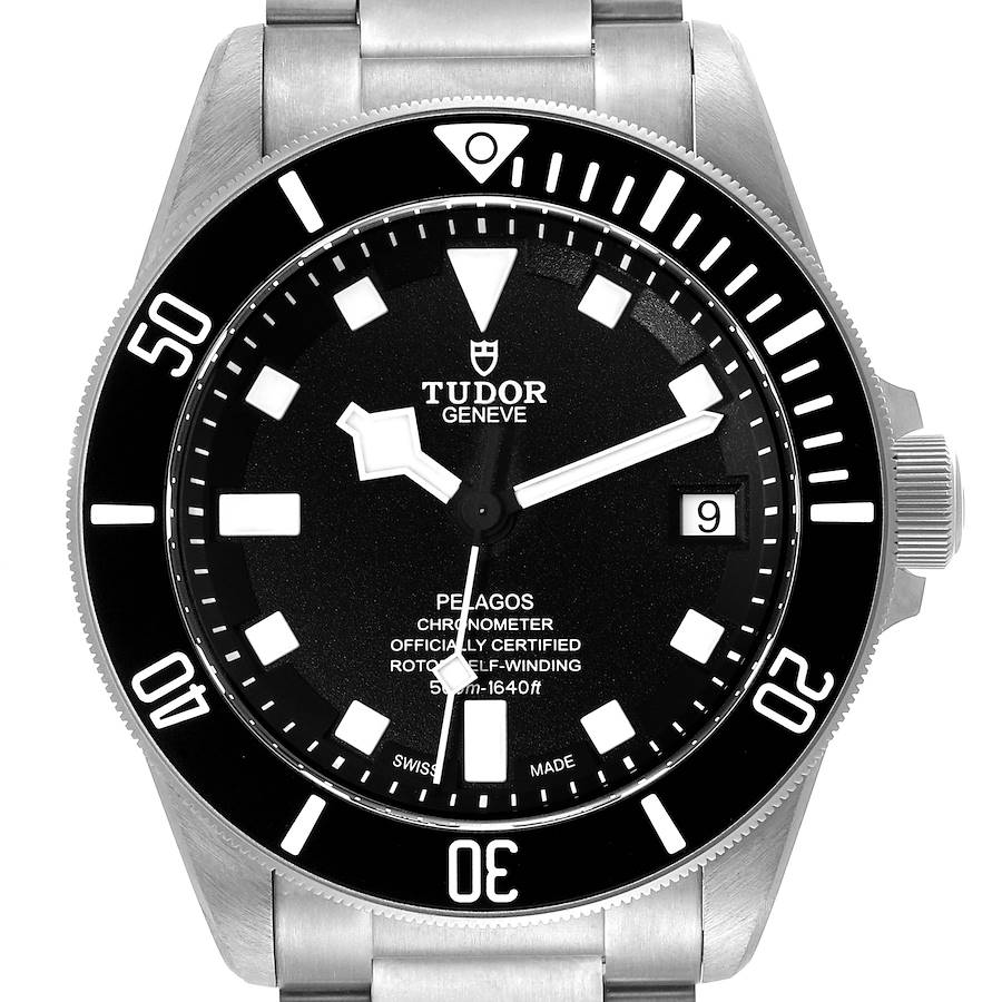 This image shows the front view of a Tudor Pelagos watch, highlighting its face, bezel, and part of the bracelet.