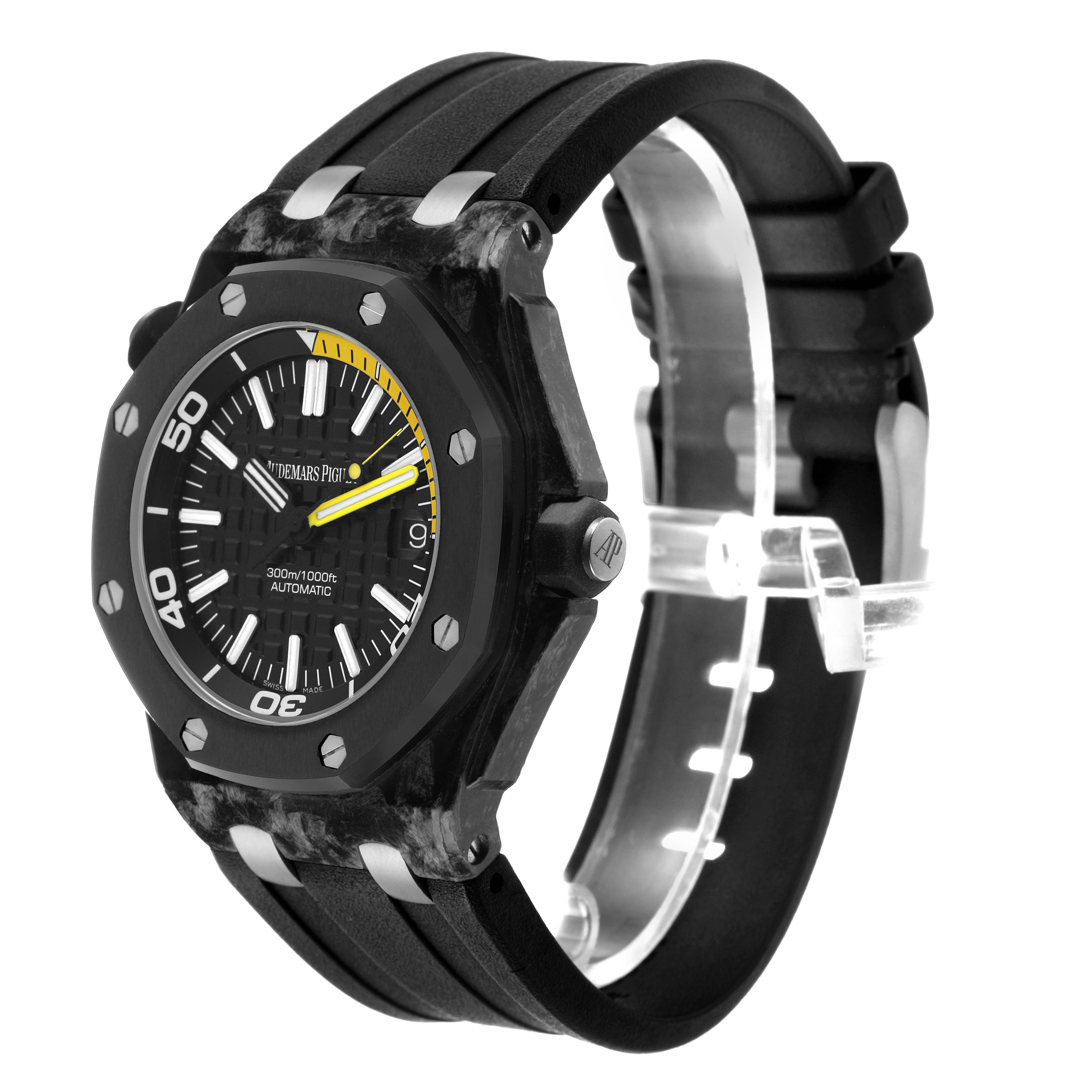 The Audemars Piguet Royal Oak Offshore 15706AU.OO.A002CA.01 Men's Titanium Black Dial watch is shown from a three-quarter angle, highlighting the watch face, side profile, and strap.