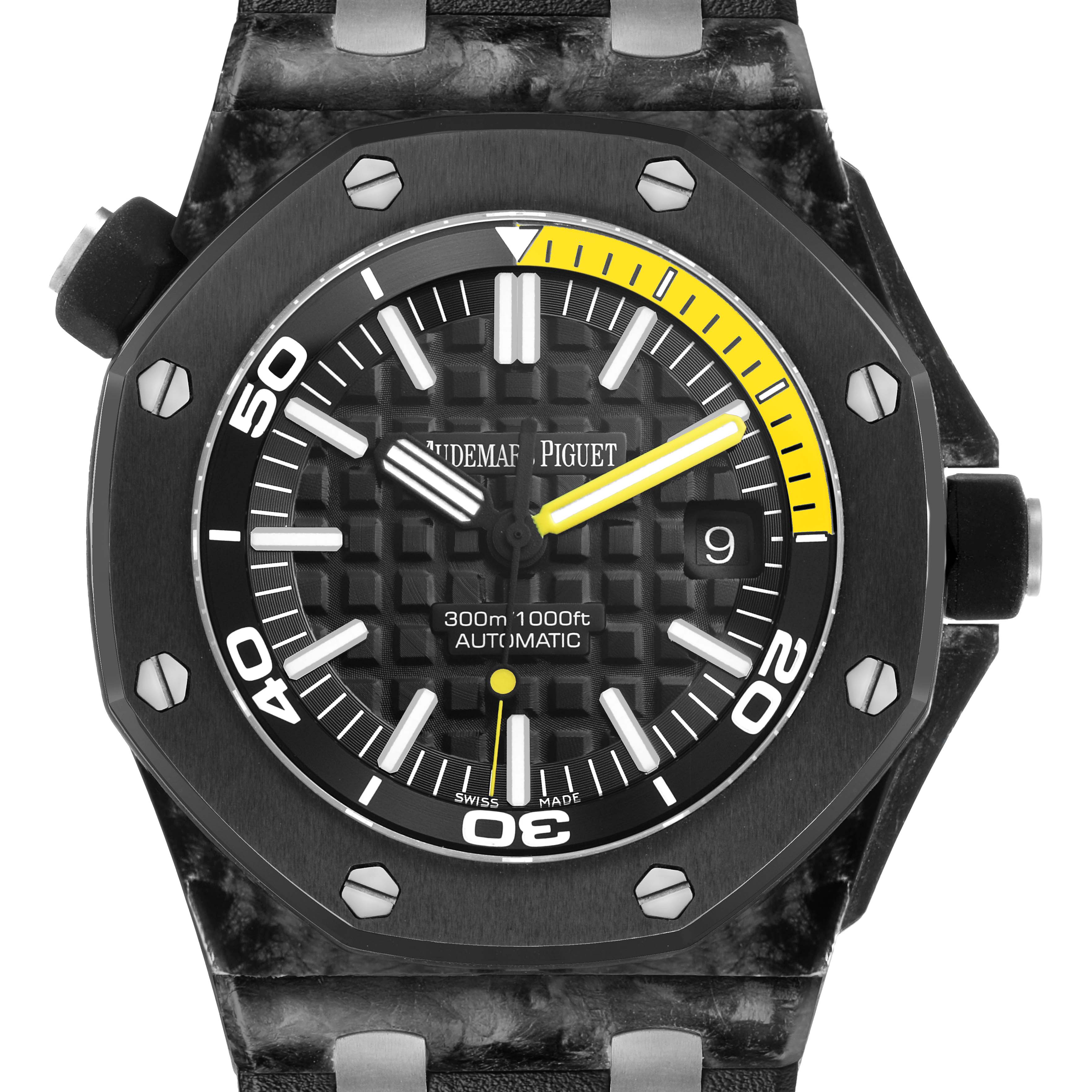 The Audemars Piguet Royal Oak Offshore 15706AU.OO.A002CA.01 Men's Titanium Black Dial model is shown from the front, highlighting the dial and bezel.