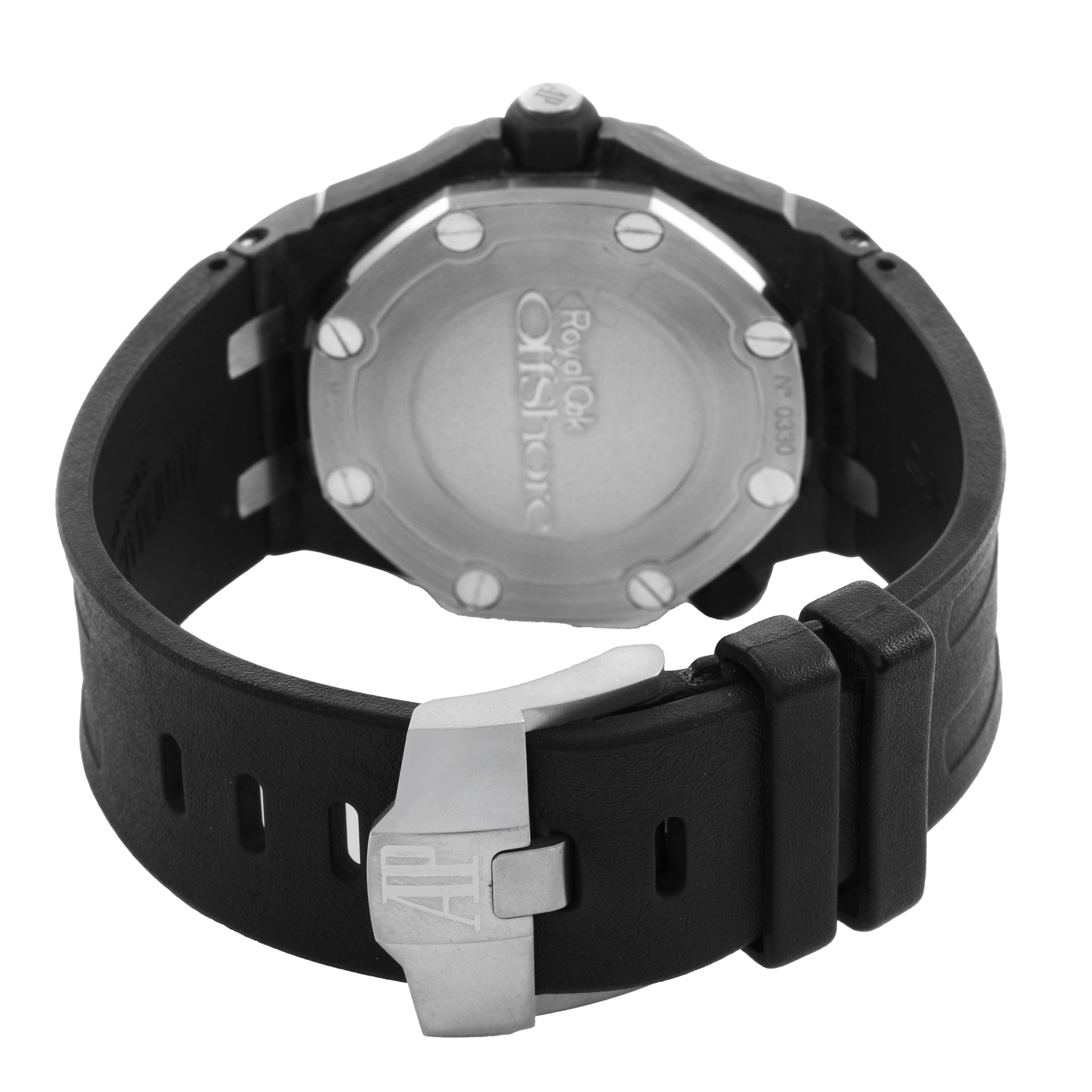 The image shows the back of the Audemars Piguet Royal Oak Offshore 15706AU.OO.A002CA.01 Men's Titanium Black Dial watch, highlighting the case, strap, and clasp.