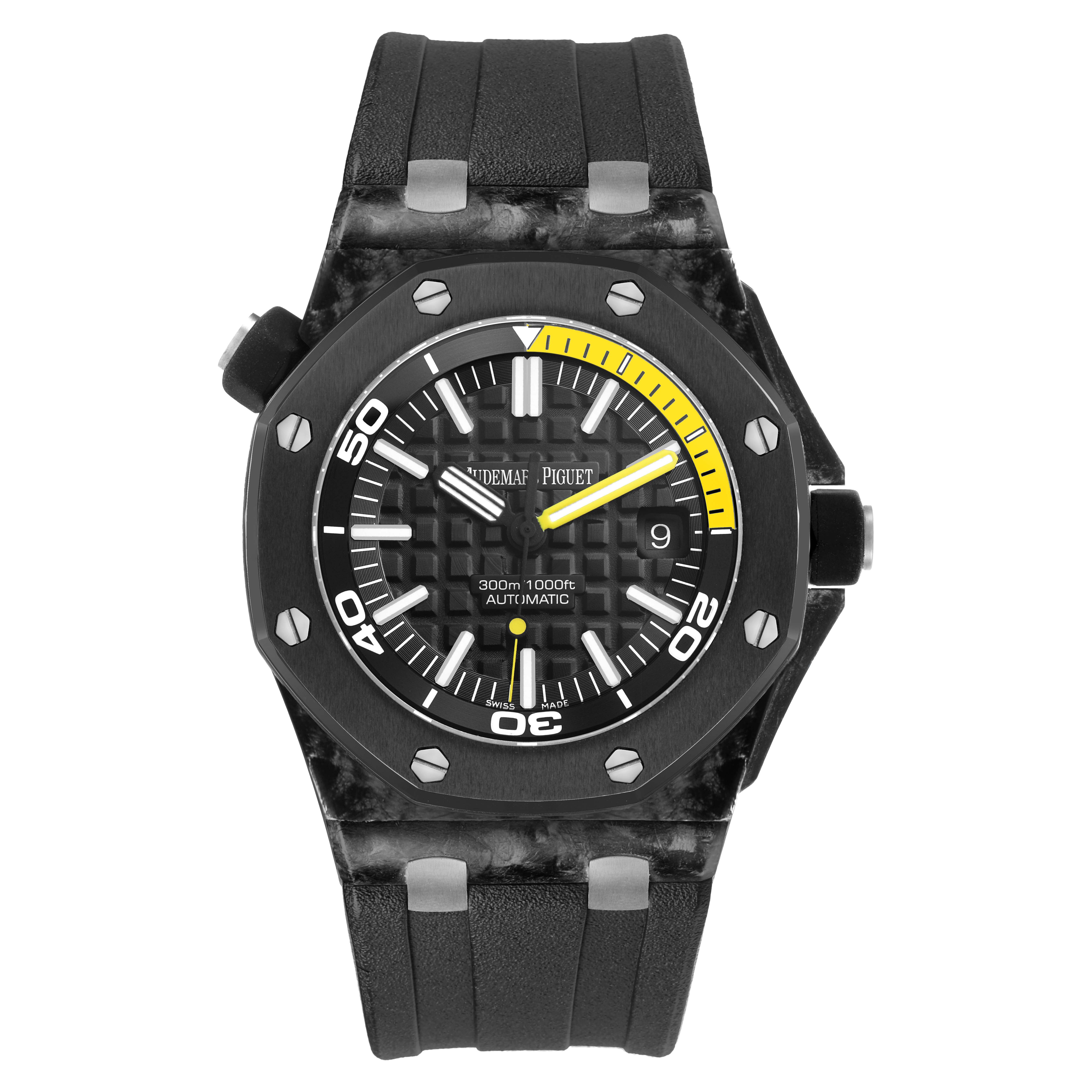 The Audemars Piguet Royal Oak Offshore 15706AU.OO.A002CA.01 Men's Titanium Black Dial watch is shown from a top-down view, highlighting its octagonal bezel and patterned dial.