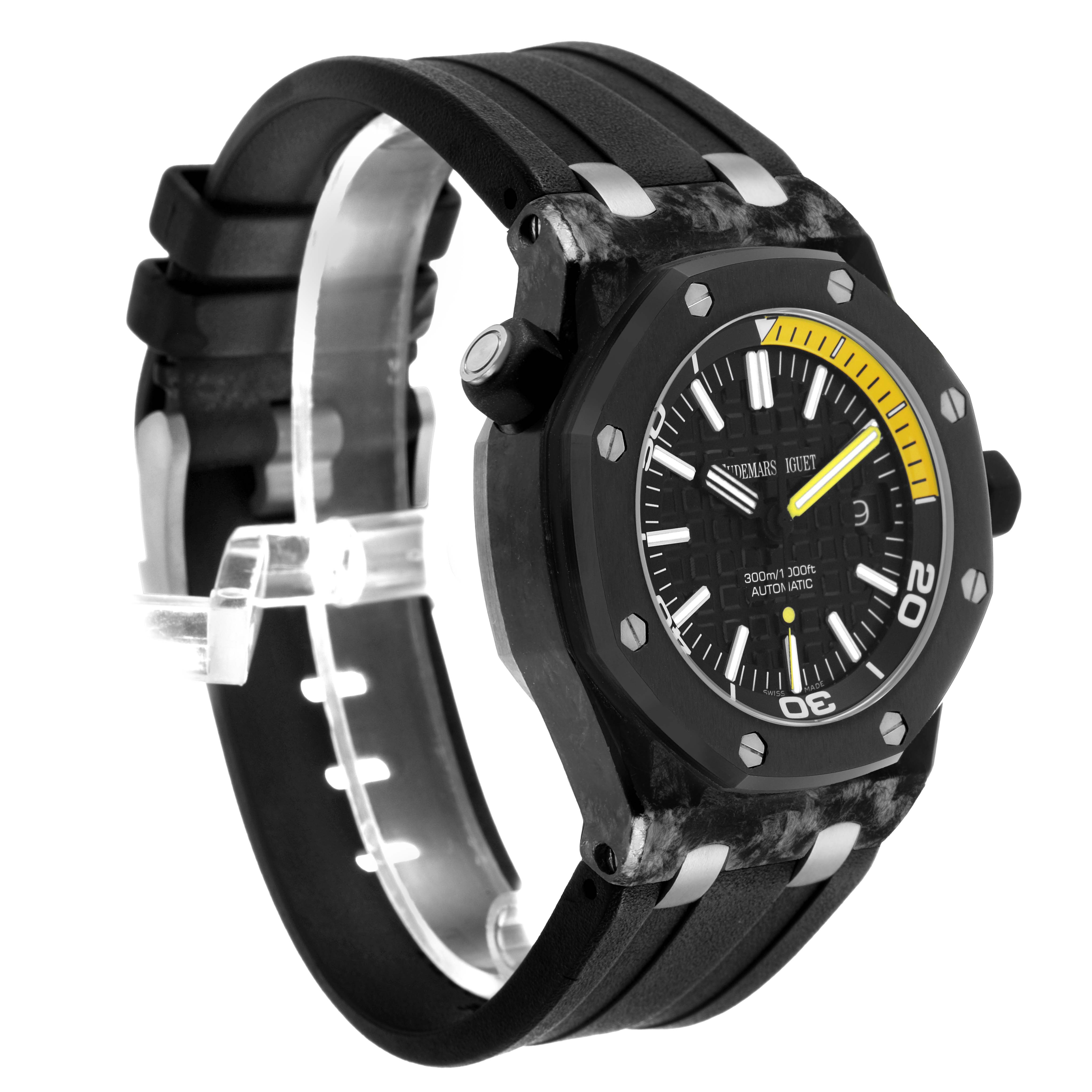 The Audemars Piguet Royal Oak Offshore 15706AU.OO.A002CA.01 Men's Titanium Black Dial watch is shown at a three-quarter angle, displaying the dial, case, bezel, and strap.